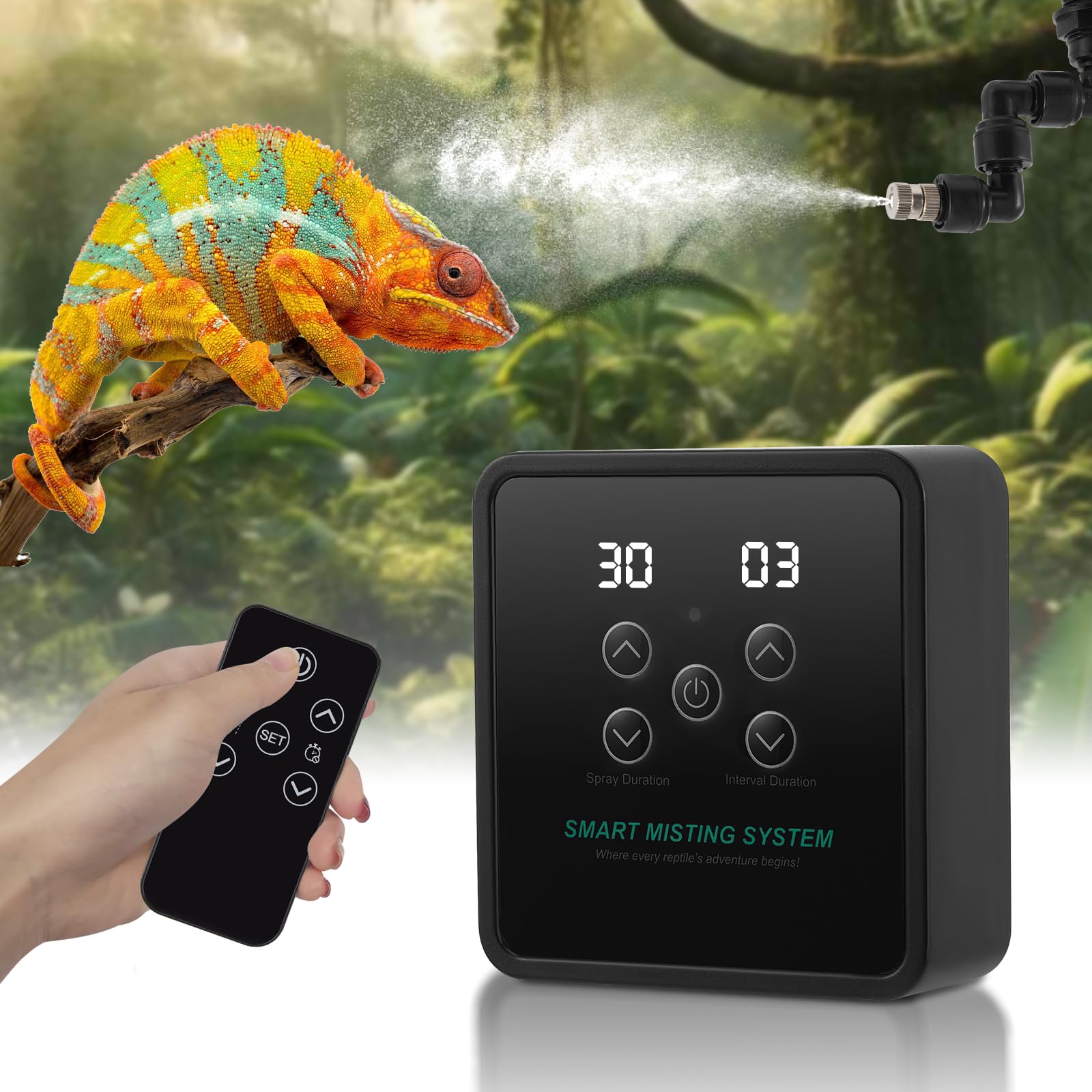 Beregnungsanlage Terrarium, Intelligentes Luftbefeuchter Terrarium mit Fernbedienung, Timer und Sprühdüsen 360 ° Verstellbare, Vernebler Terrarium für Amphibien Reptilien Pflanzen, Schwarz