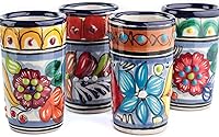 Vista 32 de Juego de 4 vasos de chupito Talavera auténticos mexicanos para tequila - Pintados a mano - 2 Oz (Flores naranjas)