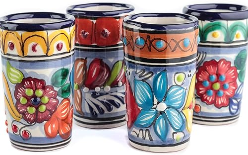 MEXTEQUIL - Juego de 4 vasos de chupito Talavera auténticos mexicanos para tequila - Pintados a mano - 2 Oz (Talavera colorida)