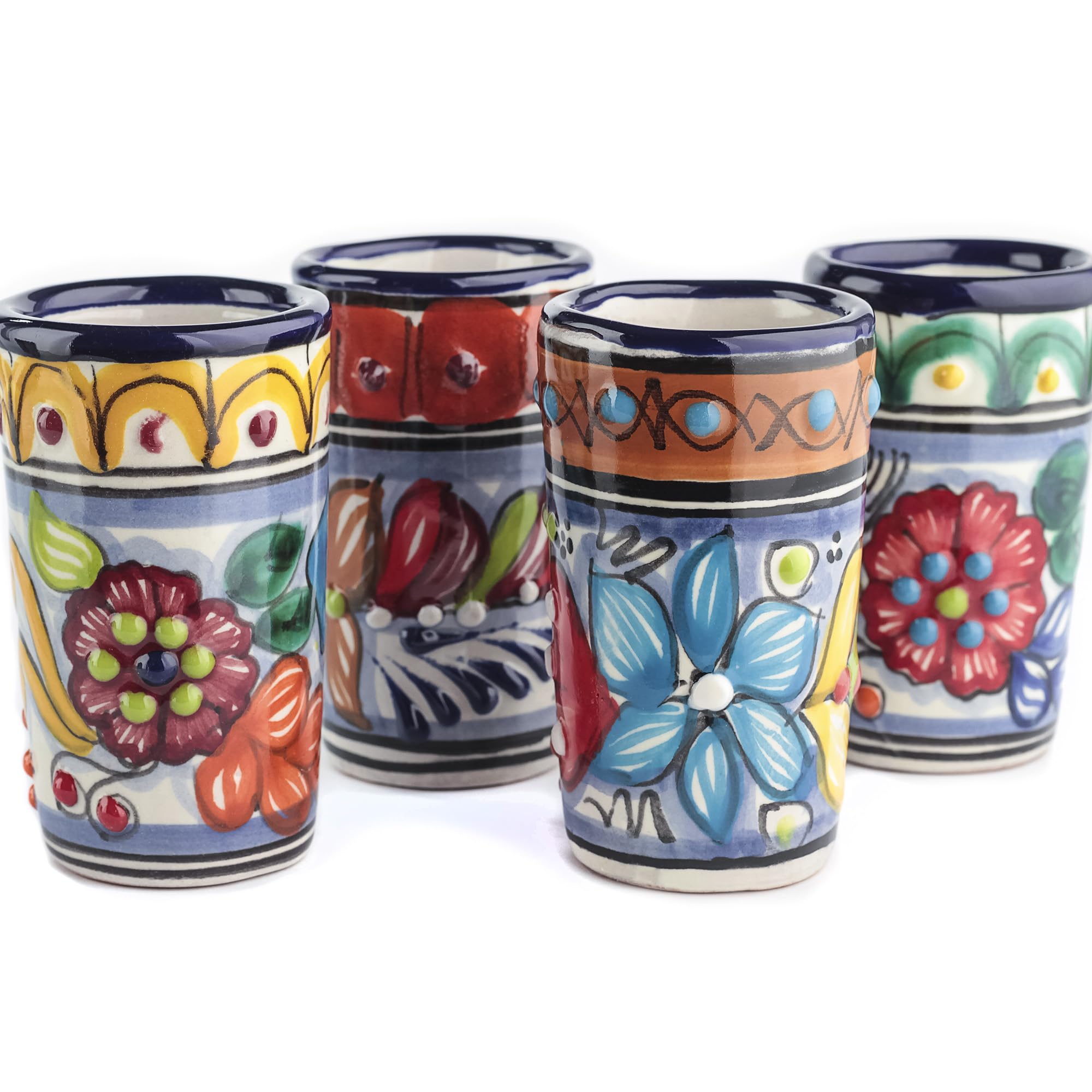 Talavera Lot de 4 verres à shot mexicains authentiques à tequila - Peints à la main - 60 ml (Talavera coloré)
