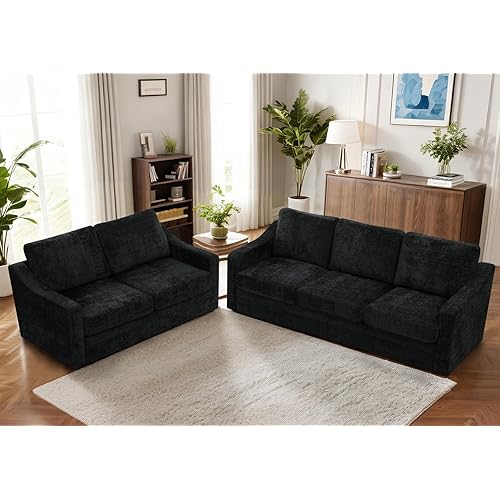 2 Pieces Chenille Sofa Sets w/Comfortable Back Cushions, Modern Loveseat & Sofa w/Deep Seat Space, Upholstered 2 Seat & 3 Seats Couch Sets w/High Resiliency Foam for Living Room, Office Black