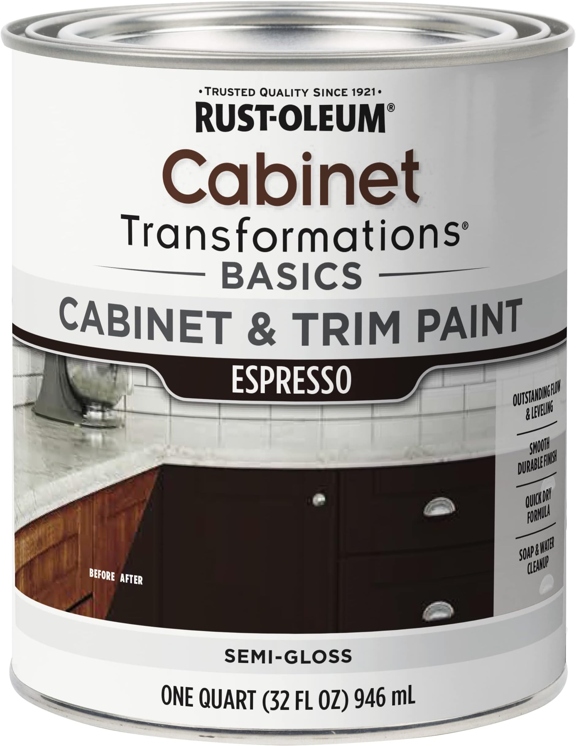 Rust-Oleum 372011 Transformations Basics Cabinet & Trim Paint, Quart, Espresso