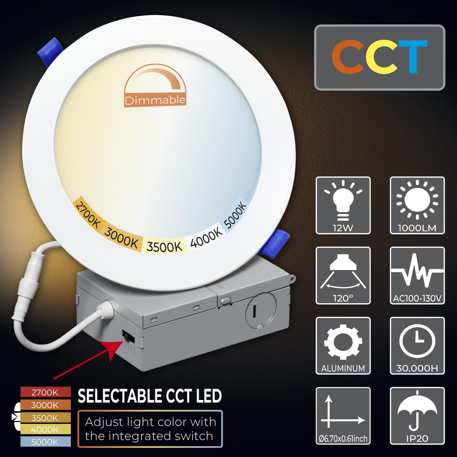LED ATOMANT 2 Pack 6 Inch LED Recessed Ceiling Light with Junction Box 12W 1000LM, 5CCT Selectable 2700K/3000K/3500K/4000K/5000K, Dimmable Canless Downlight