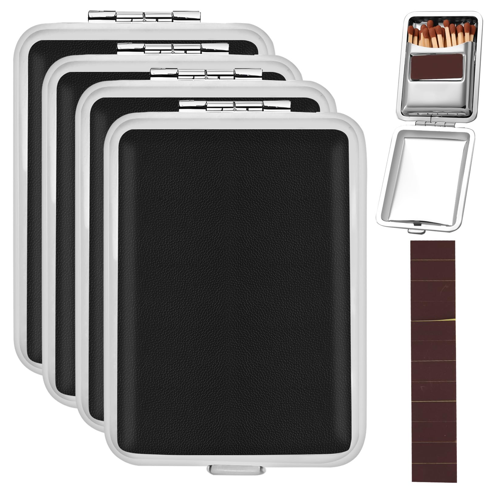 4Pcs Metal Match Box Case with Friction Plate, Stainless Steel Reusable Matchstick Holder Storage Case Portable One Button Dampproof Fireplace Starter for Outdoor Camping