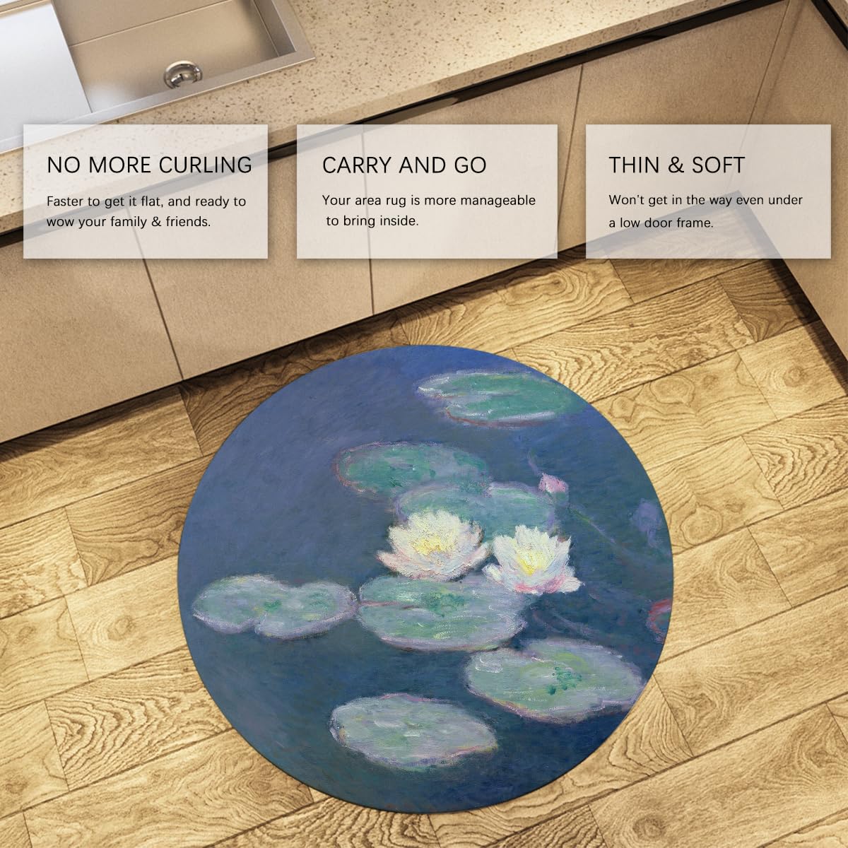 impressionnisme Grands Tapis Ronds 100cm Impression de nénuphar Lavable Tapis Mince antidérapant pour Salle de Classe Bambin Chambre d’Enfant décors Tapis