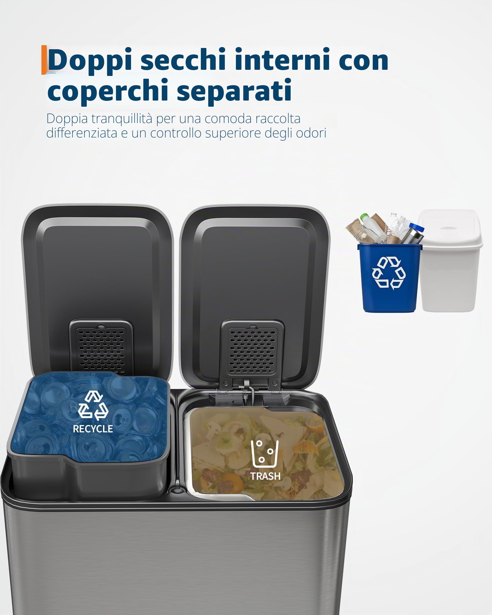 Pattumiera doppia cucina con pedale – Acciaio inox – Coperchio soft-close – Secchi interni rimovibili – Raccolta rifiuti e riciclaggio – Argento, 2x30L