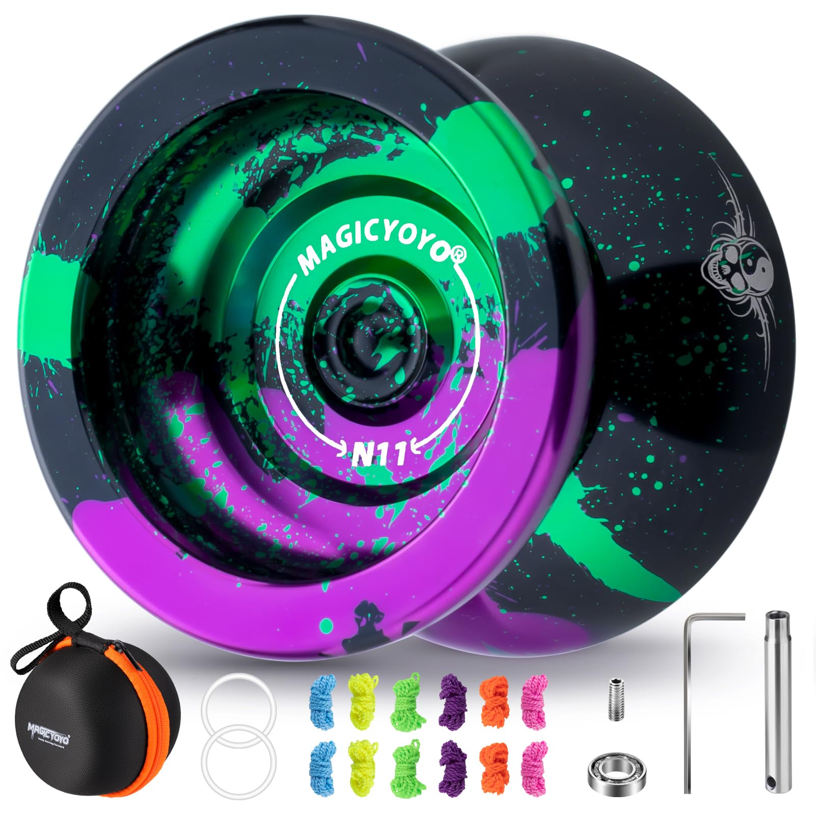 MAGICYOYO N11 Professional Yoyo – Unresponsive Design for Adult Tricks, Suitable Yoyo for Kids 8-12 or Above, Dual-Purpose Responsive Bearing, 12 Extra Strings, Case, Bearing Kit - Black Green Purple