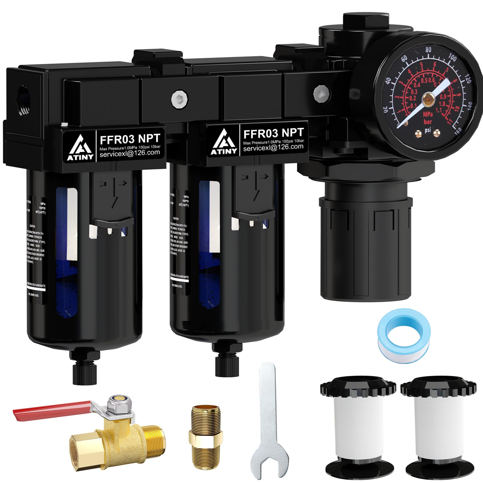 ATINY 3/8" NPT Air Compressor Water Separator,Air Dryer for Compressor,5 and 5 Micron Filter Cartridge,Semi-Auto Drain, Metal Bracket-Black