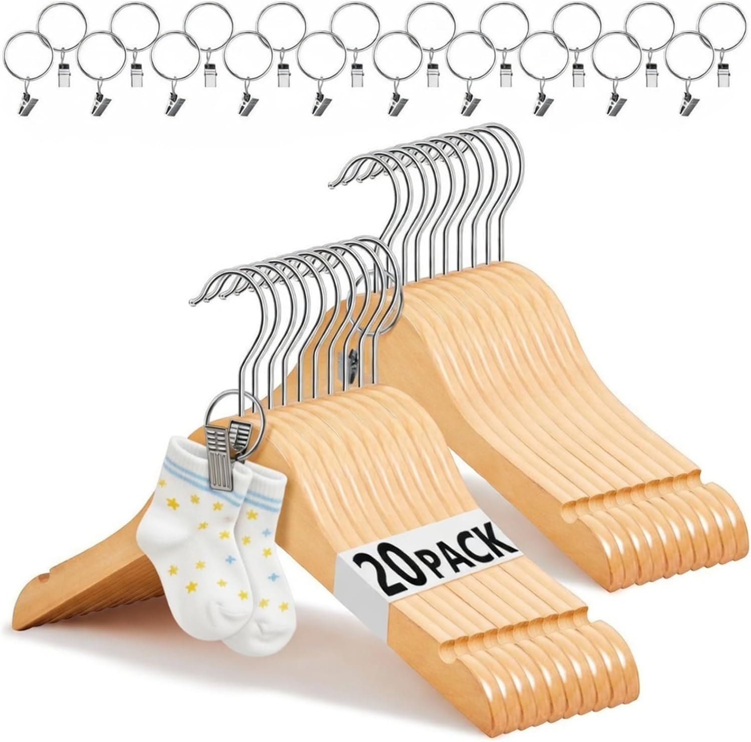 20 Pcs Wooden Kids Baby Clothes Hangers with Metal Ring Clips 12.6" Wooden Shirt Coat Hangers with Notches and Anti Rust 360 Swivel Chrome Hook for Kids Children Toddler Clothes