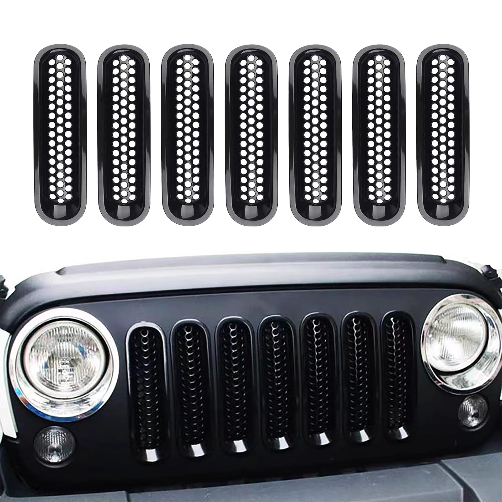 jeseny Pack-7 Car Front Grill Mesh, Clip-in Front Mesh Grille Cover Guard, Decorative Grill Inserts for 2007-2017 Jeep Wrangler JK (Black)