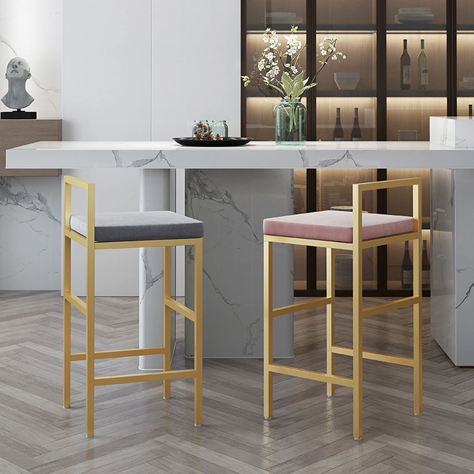 Tabouret de bar avec assise en velours et repose-pieds en métal noir pour cuisine, bar, pub, bistrot – Hauteur assise 75 cm