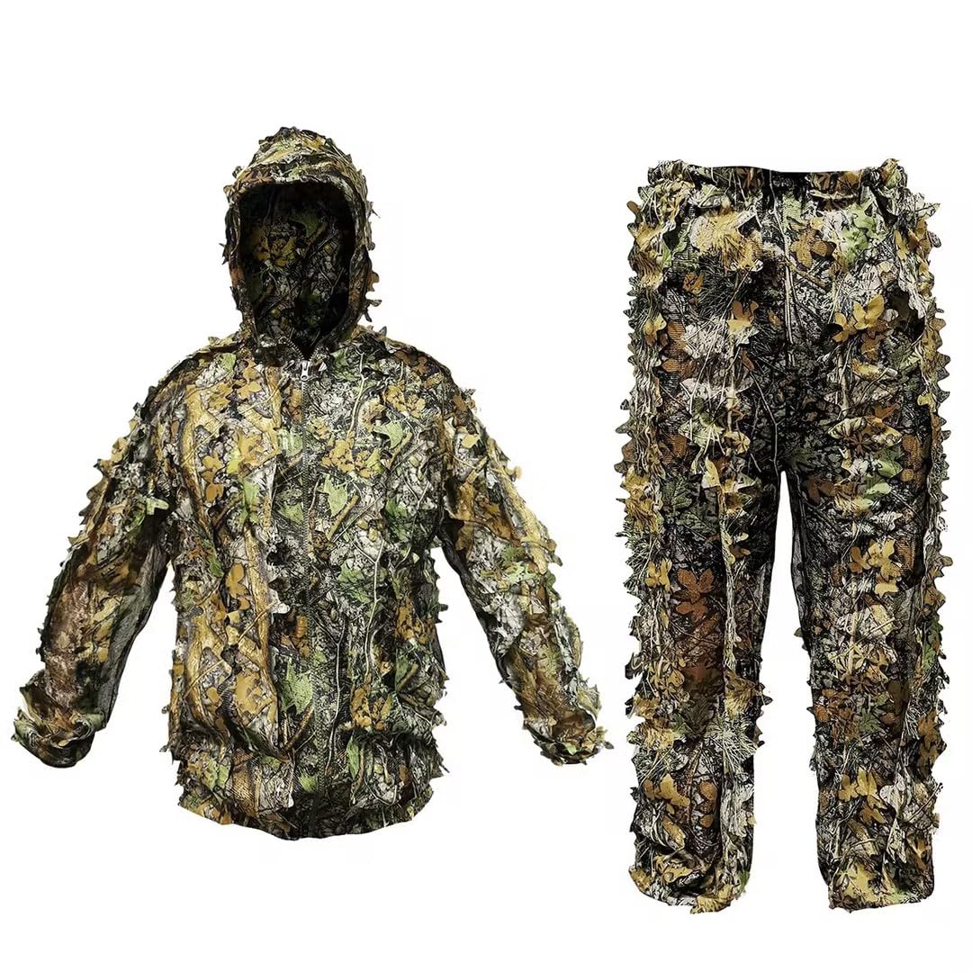 ANYDKE Ghillie Suit Camouflage Hunting Suits Outdoor 3D Leaf Lifelike Camo Clothing Lightweight Breathable Hooded Apparel Suit for Jungle Shooting Airsoft Woodland Photography or Halloween