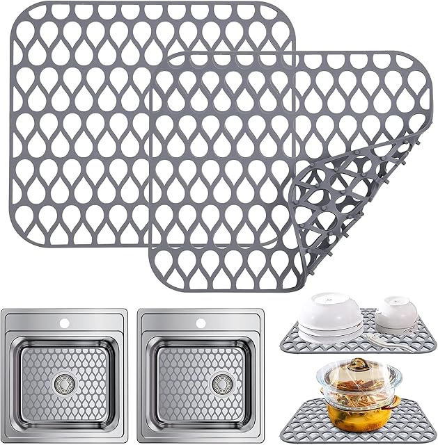 AUAUY Silicone Kitchen Sink Mat, 1 PCS Folding Heat Resistant Non-Slip Sink Protectors Kitchen Sink Mats Grid Accessory for Stainless Steel Sink, Bathroom Sink, Porcelain Bowl (Grey, 13.58"x11.6")