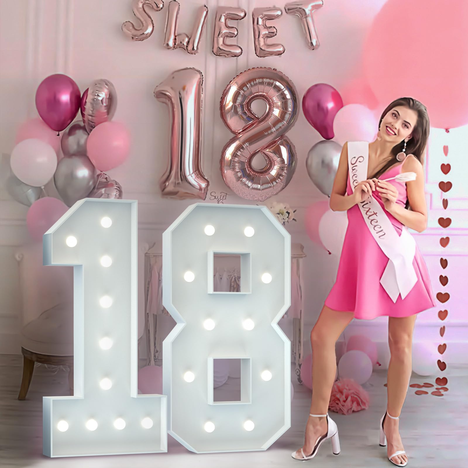 18th Birthday Decorations 4FT Large Light Up Numbers Big Marquee Number for 18th Birthday Anniversary Party Decor Light Up Cardboard Mosaic Arch Stand Pre-cut Foam