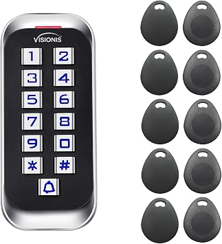 Visionis FPC-5689 VIS-3005 Access Control Weatherproof Keypad Reader Standalone + Wiegand 26, No Software, EM Cards, 1000 Users with Doorbell Slim Version + Pack of 10 Key Tags