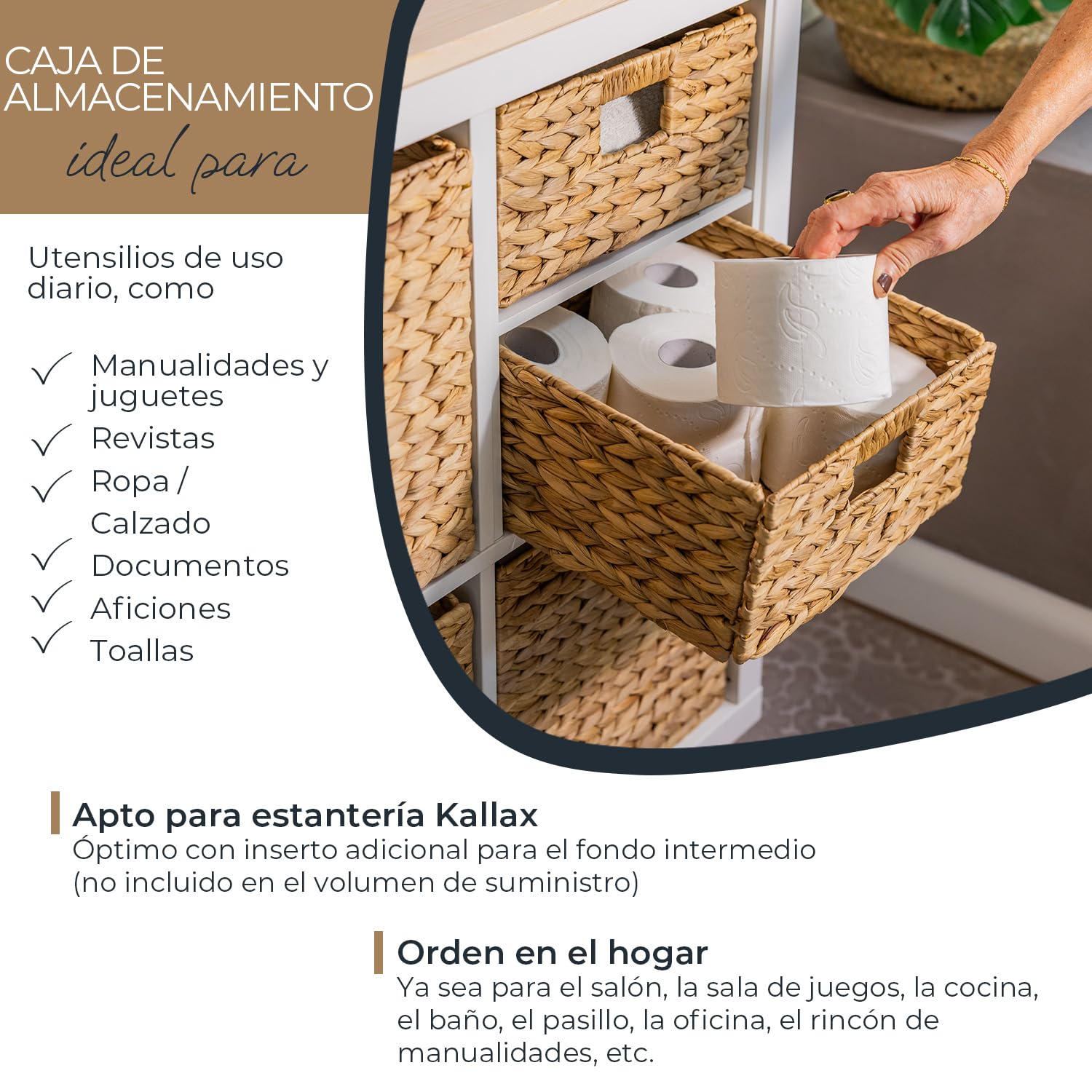 HMF cesta de almacenaje compatible con KALLAX medio compartimento, cesta tejida de jacinto de agua con asas Juego de 2 30x34x15 cm Natural
