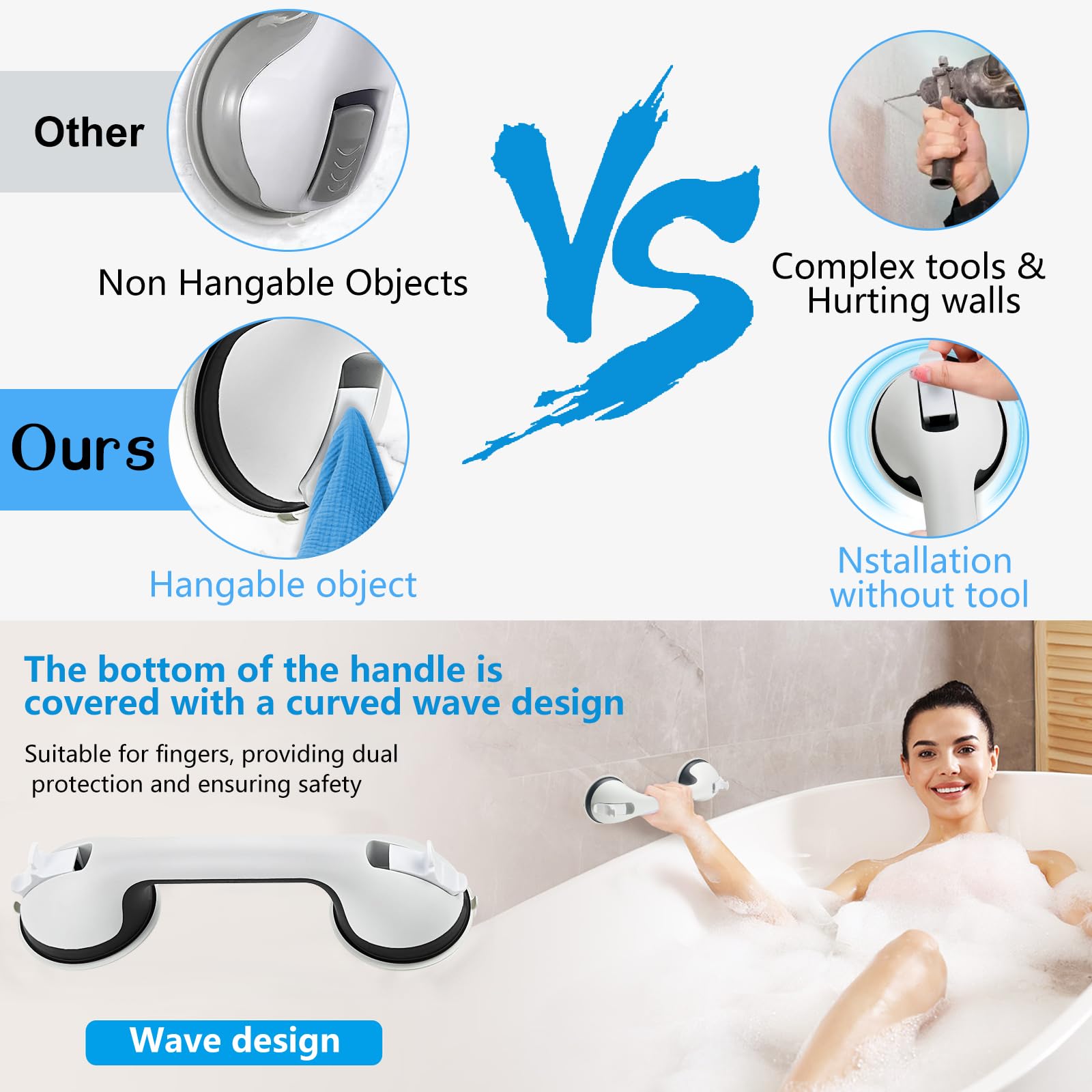 2 Poignée de Baignoire, Poignee Ventouses Securite Salle de Bain | Poignée de Douche, Sans Perçage Amovible Poignée de Sécurité pour Personnes Âgées, Handicapés, Enfants