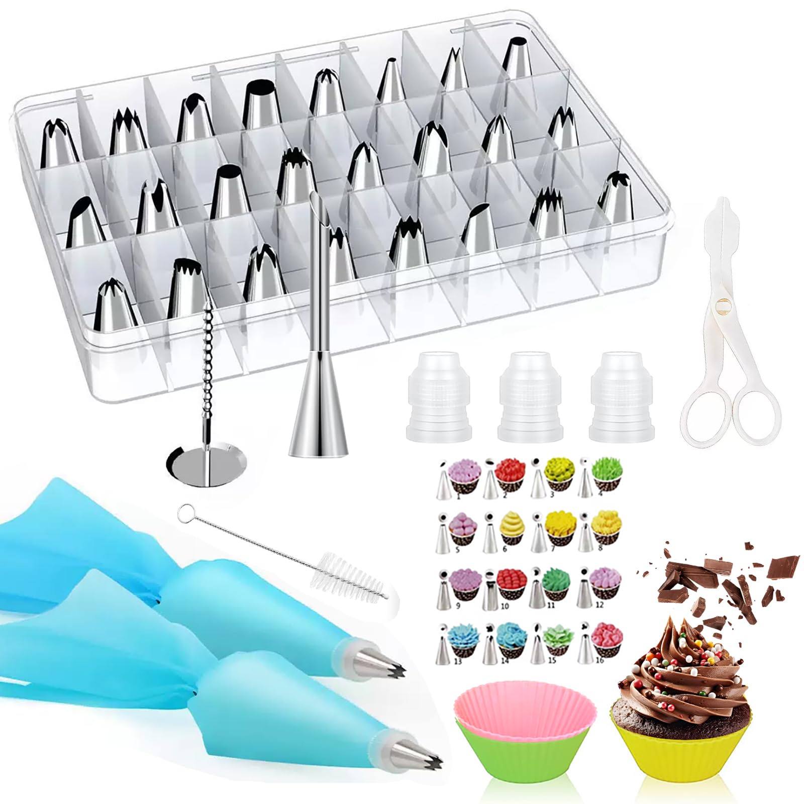 Set Per Decorazione Torte - 25 Beccucci In Acciaio, 2 Sac à Poche Silicone, 3 Raschietti, Per Dolci E Pasticceria