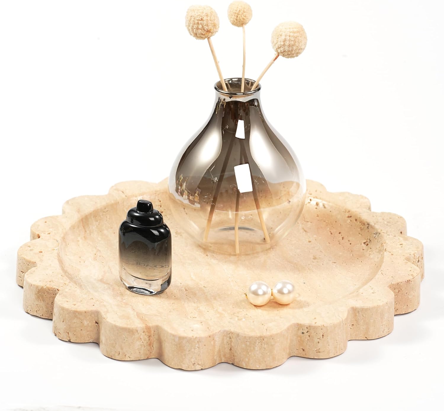 Travertine Scalloped Marble Tray - 9.9 Inch Round Stone Decorative Perfume Trinket Jewelry Dish, Catchall Organizer for Bathroom Vanity Dresser Kitchen Countertop Home Decor
