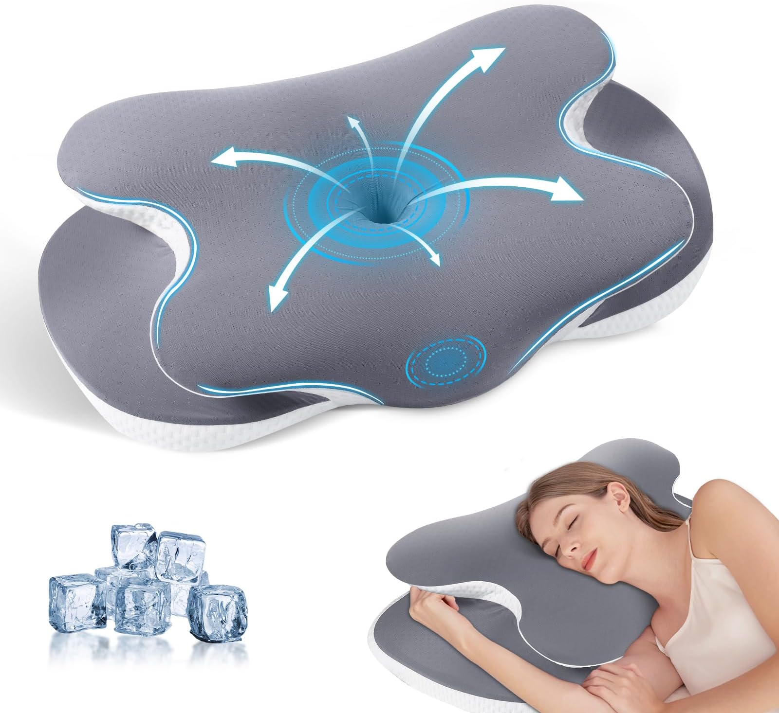 JINXIA Memory Foam Pillow for Neck and Shoulder Pain, Cervical Pillow with Cooling Silk Cover, Ergonomic Orthopedic Neck Support Pillow, Back/Side/Stomach Sleeper Pillow for Sleeping,Gray