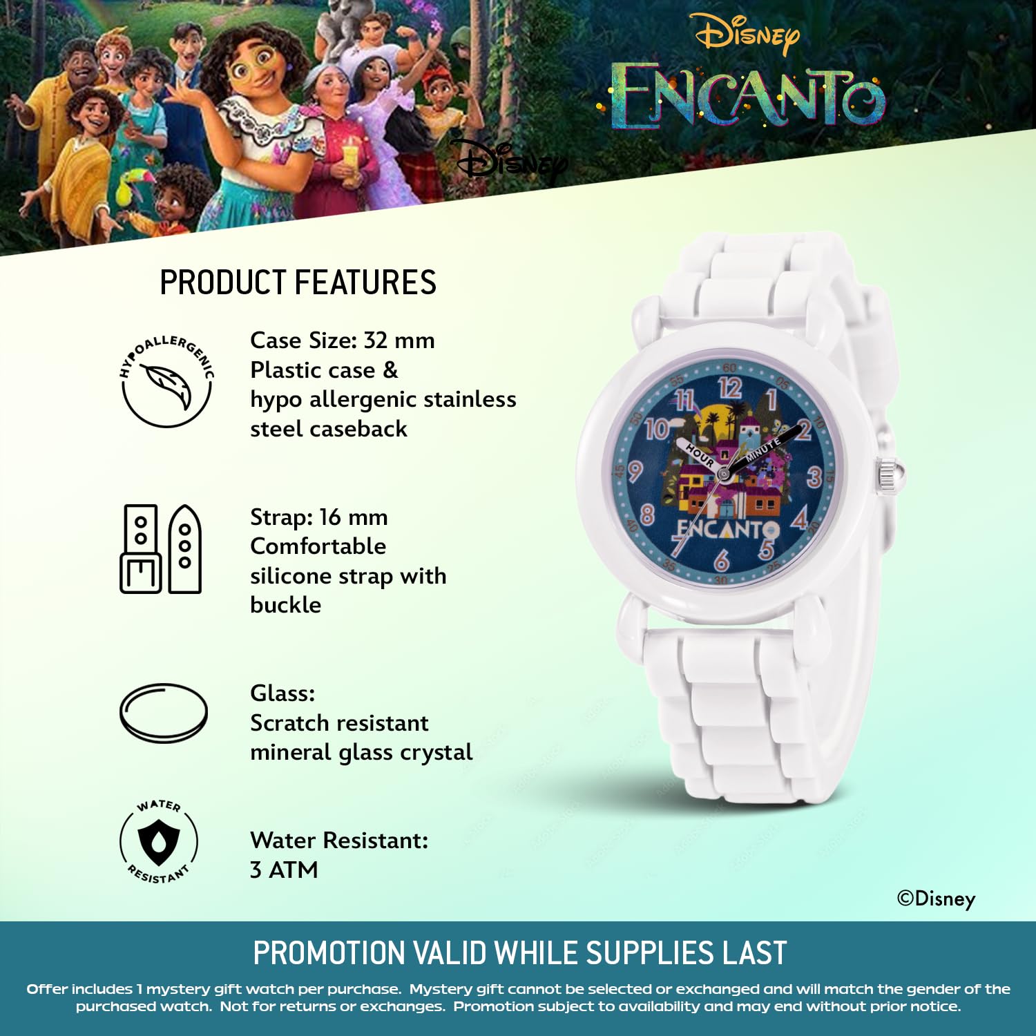 Disney Reloj Encanto para niños de 3 a 7 años con esfera clásica de personajes, regalo para niños que aman Encanto, cara fácil de leer, bisel blanco y correa de silicona blanca, compra y obtén 1 reloj
