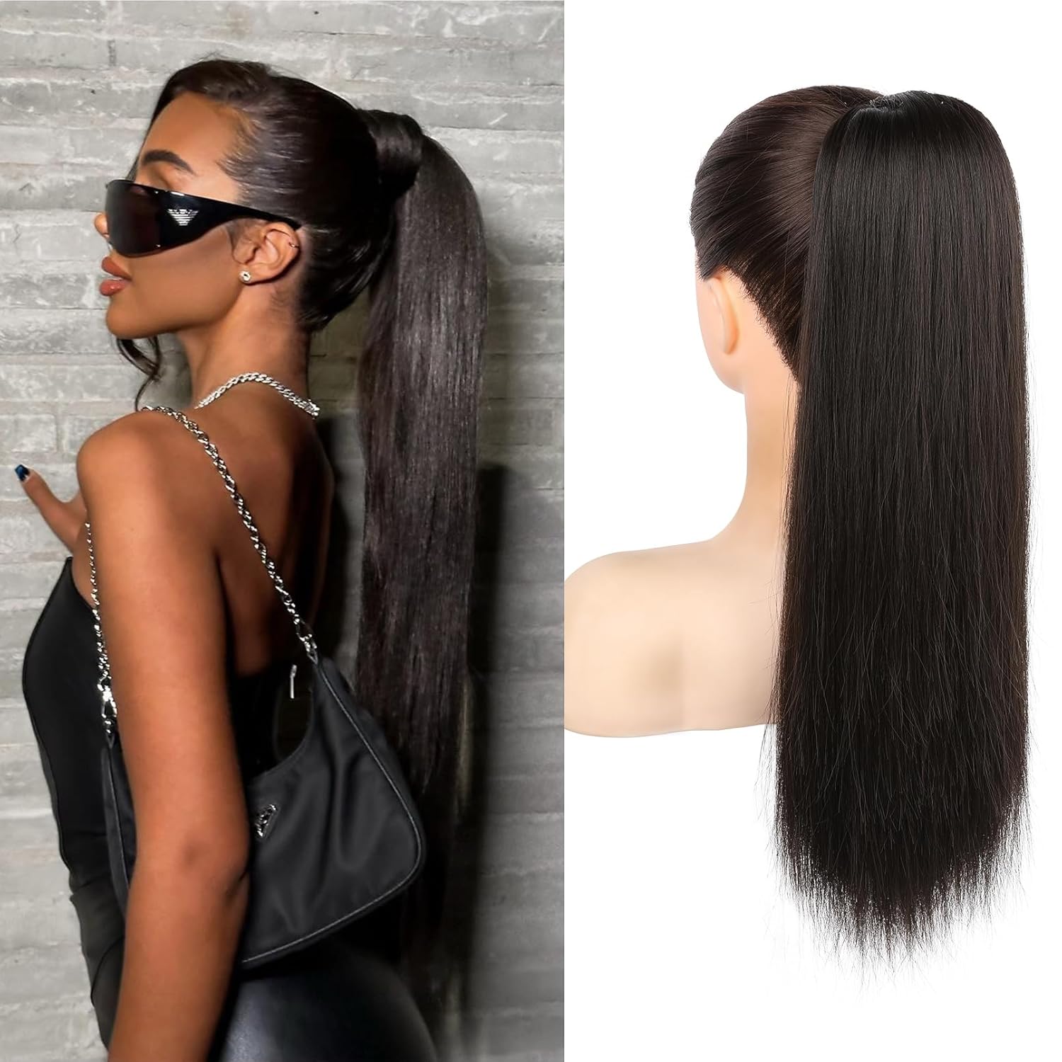 SEIKEA Ponytail Extensions Drawstring Long Straight Fake Pony Tail Natural Soft Clip in Hair Extension Synthetic Heat Resistant Hairpiece 20 Inch Black Brown 20 Inch (Pack of 1) Black Brown