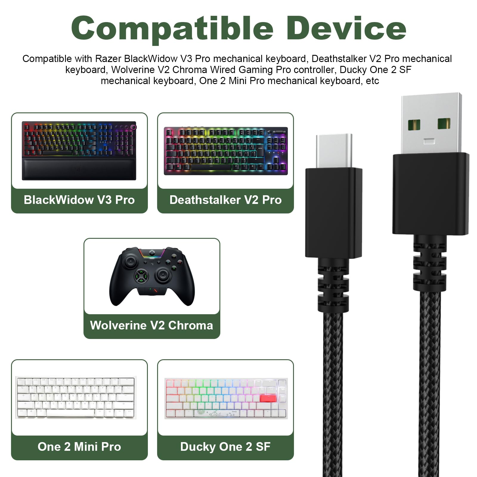 Typ C Ladekabel kompatibel mit Razer BlackWidow V3 Pro, Deathstalker V2 Pro, Ducky One 2 SF Tastatur, Wolverine V2 Chroma Controller, 1,8 m