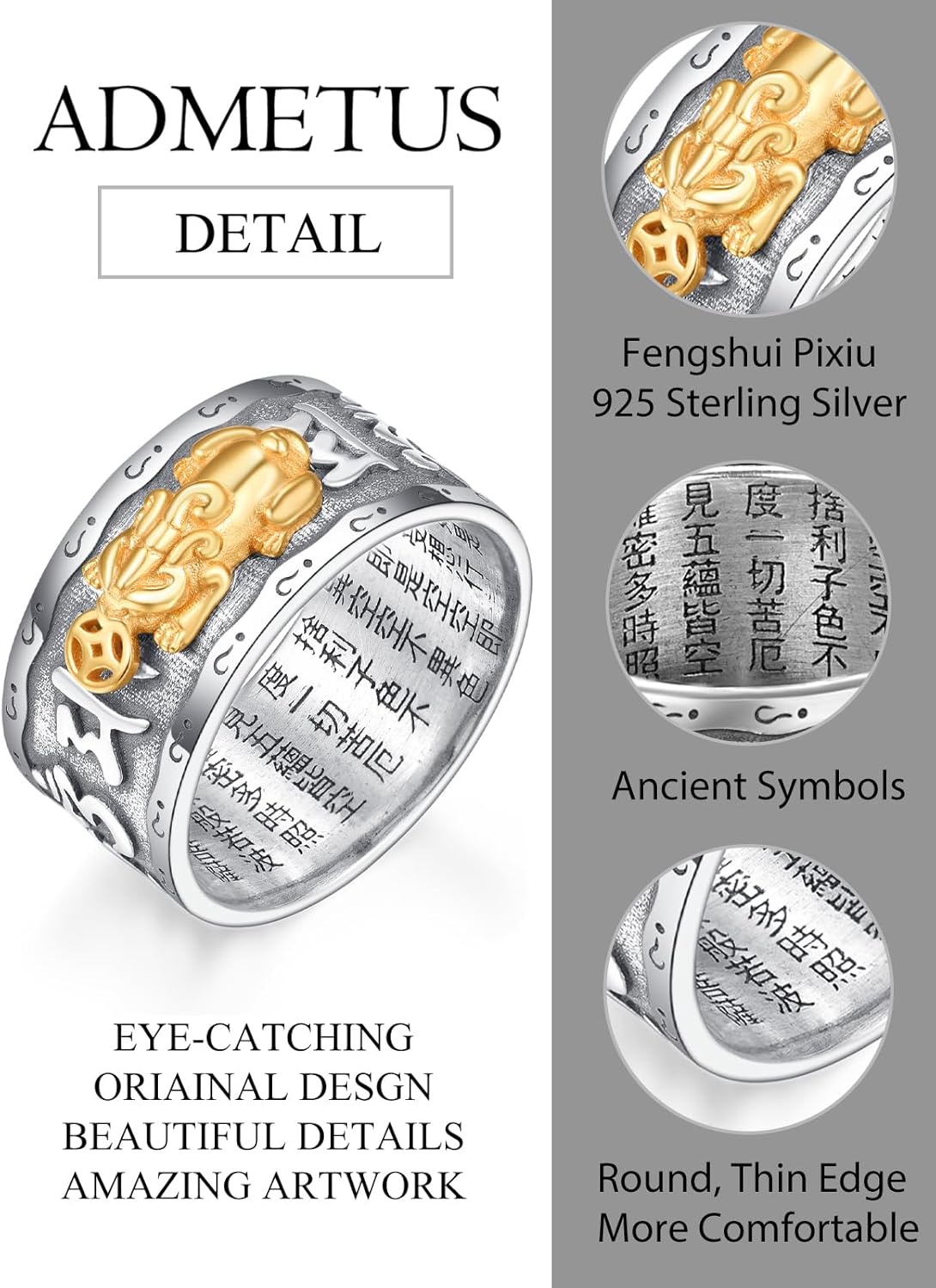 ADMETUS 925 Sterling Silver Feng Shui Rings Lucky Pixiu Band Rings for Men Fengshui Ring Jewelry Gifts for Men Rings Size 7-13 - Image 2