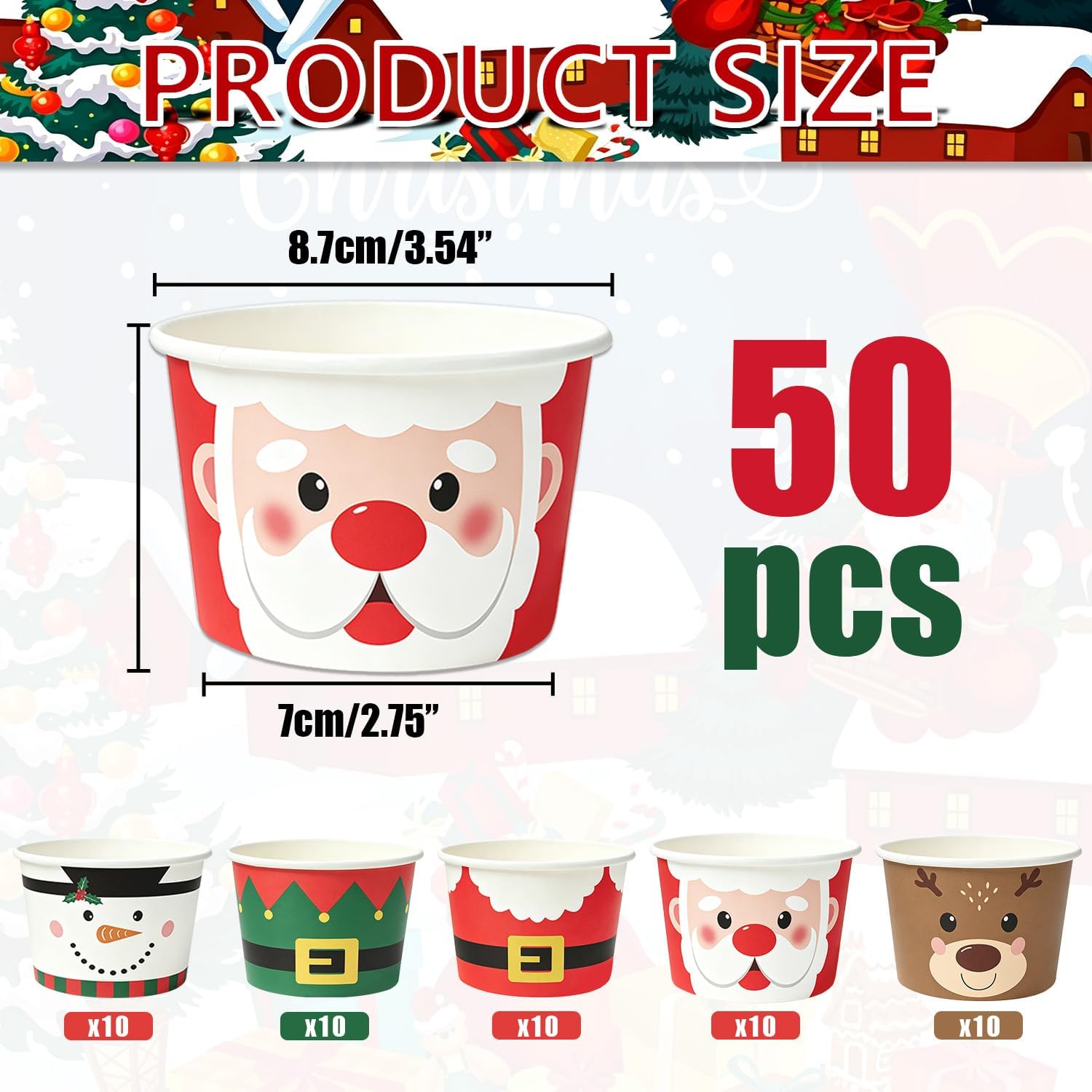 50 Pcs Christmas Snack Bowls - Christmas Snowman Ice Cream Paper Cups