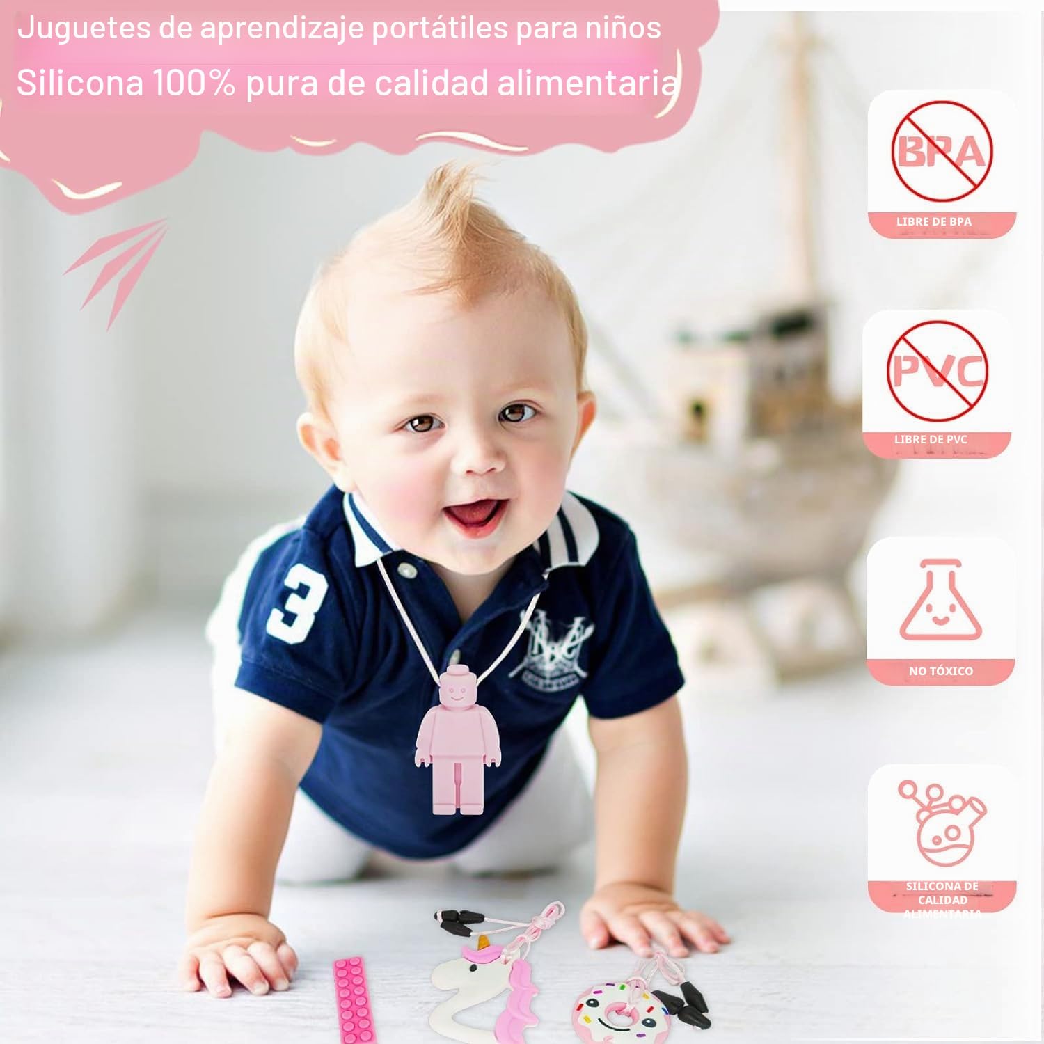 Mordedor para Bebé, 6 Piezas Mordedores Refrigerante, Autismo Masticar Colgante, Collar de Lactancia, Masticar Collar Perfecto para Niños con TDAH, Dentición, Autismo, Necesidad de Morder (Rosa)