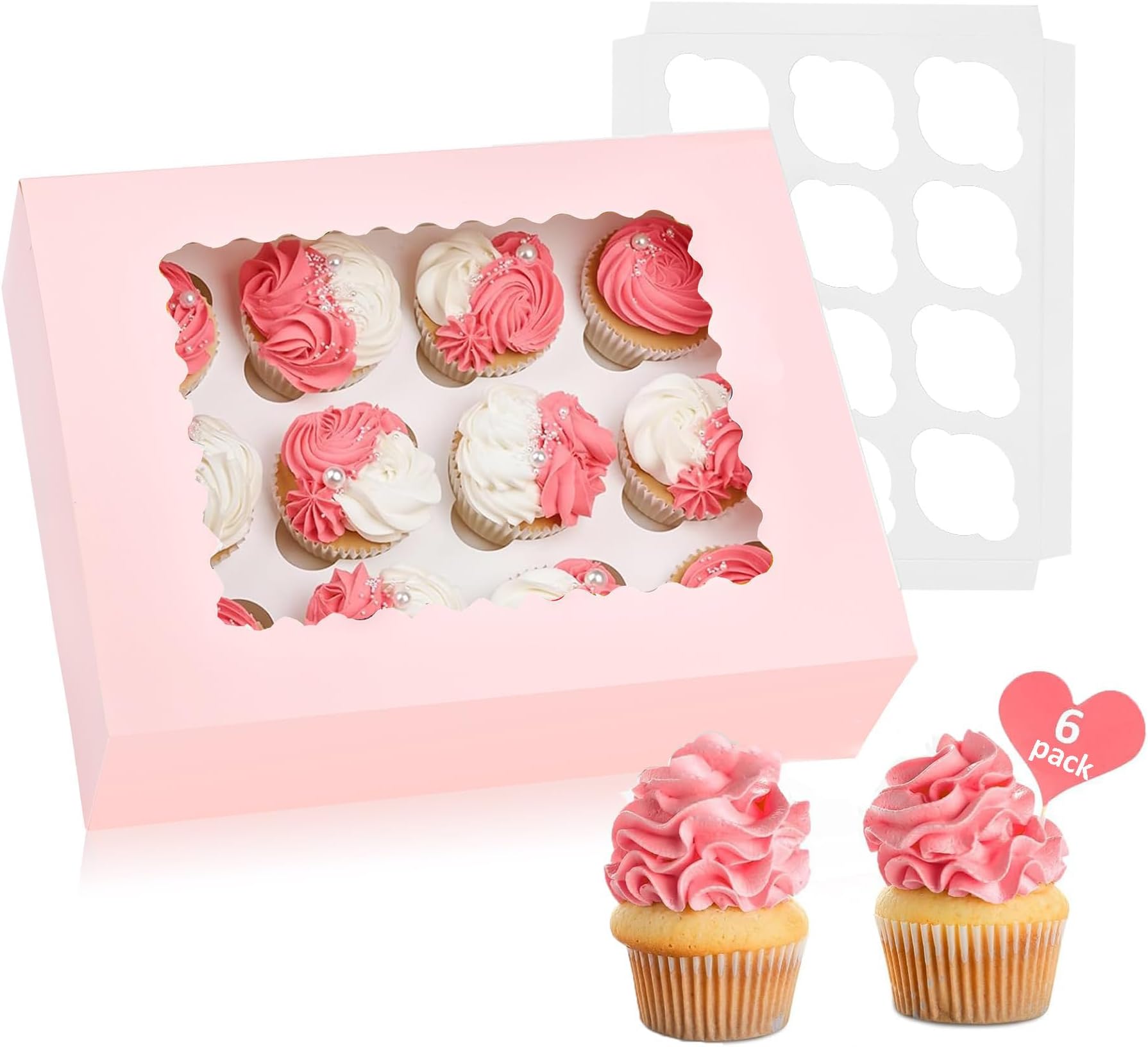12 Hole Cupcake Boxes, 6 Pack Multifunction Inserts cake boxes for cupcakes, Cupcake Boxes For Carrying And Displaying Tasty Muffins, Fairy Cakes, And Treats-Pink