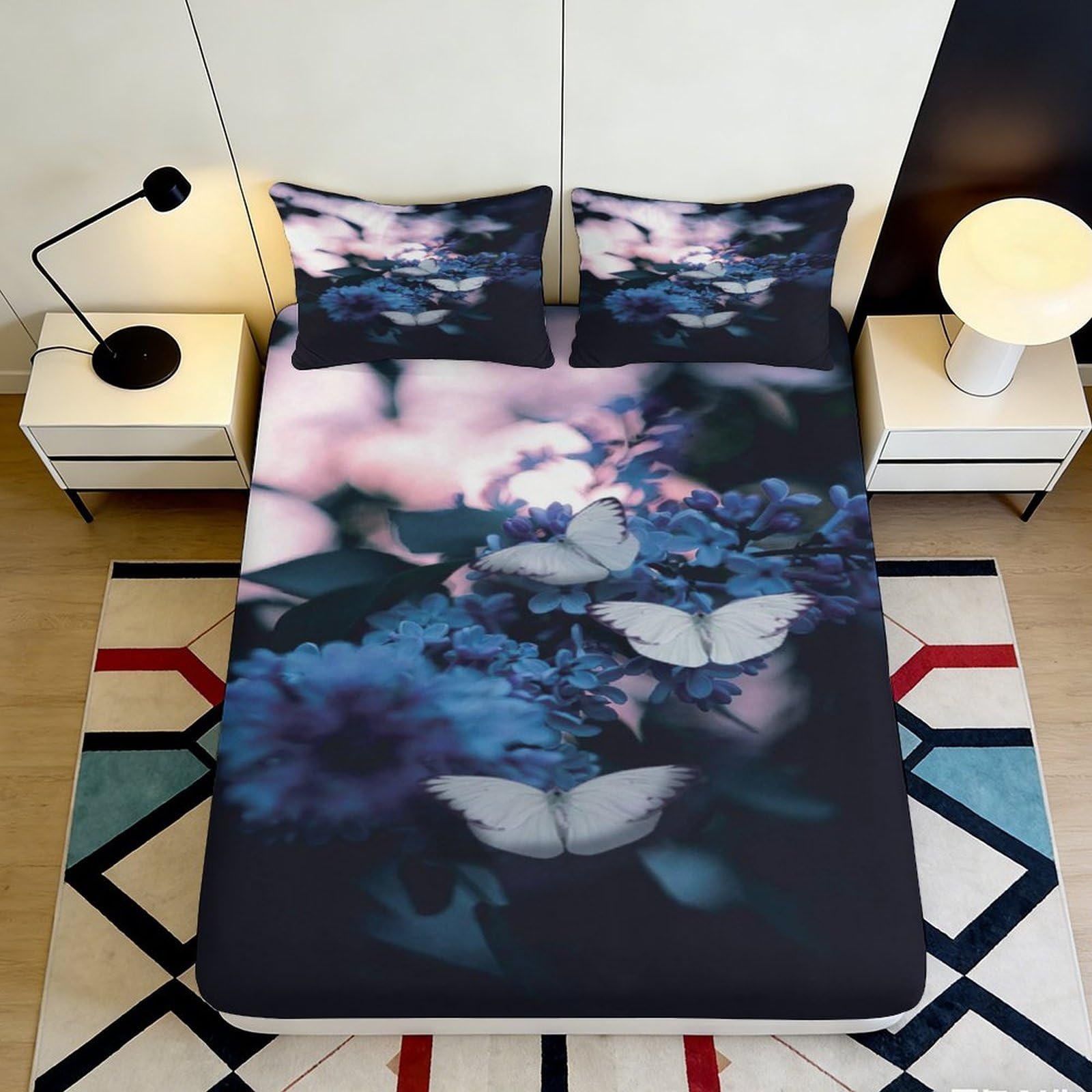 3D Printed Butterfly Floral Fitted Sheet Microfiber Elastic Hem Bedroom Bedding Butterfly Floral Mattress Fitted Cover Deep Pocket 160x200x25cm