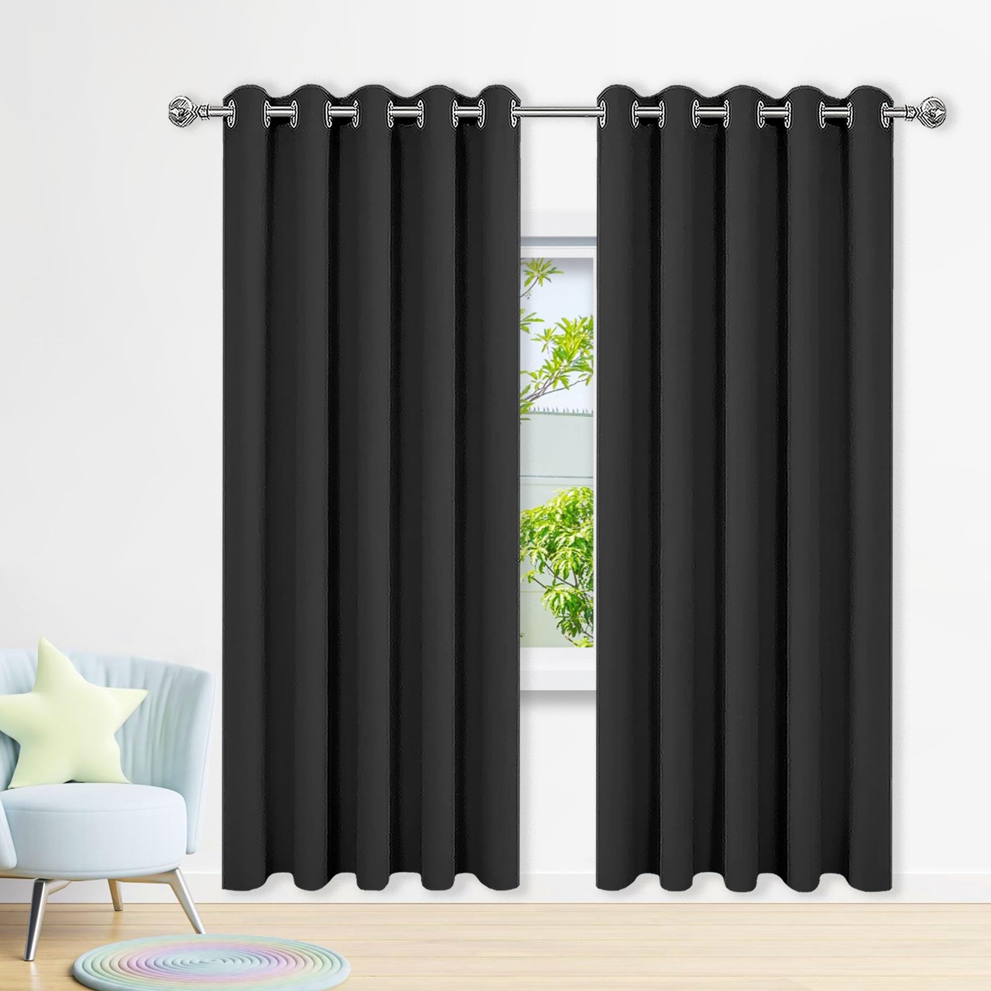 Verdunklungsvorhänge 1Er Set 70 x 210 cm Wärmeisolierend Kälteschutz Sonnenschutz Fenster Verdunkelung Ösen Gardinen mit Ösen, Waschbar für Büros Wohnzimmer Schlafzimmer, Schwarz