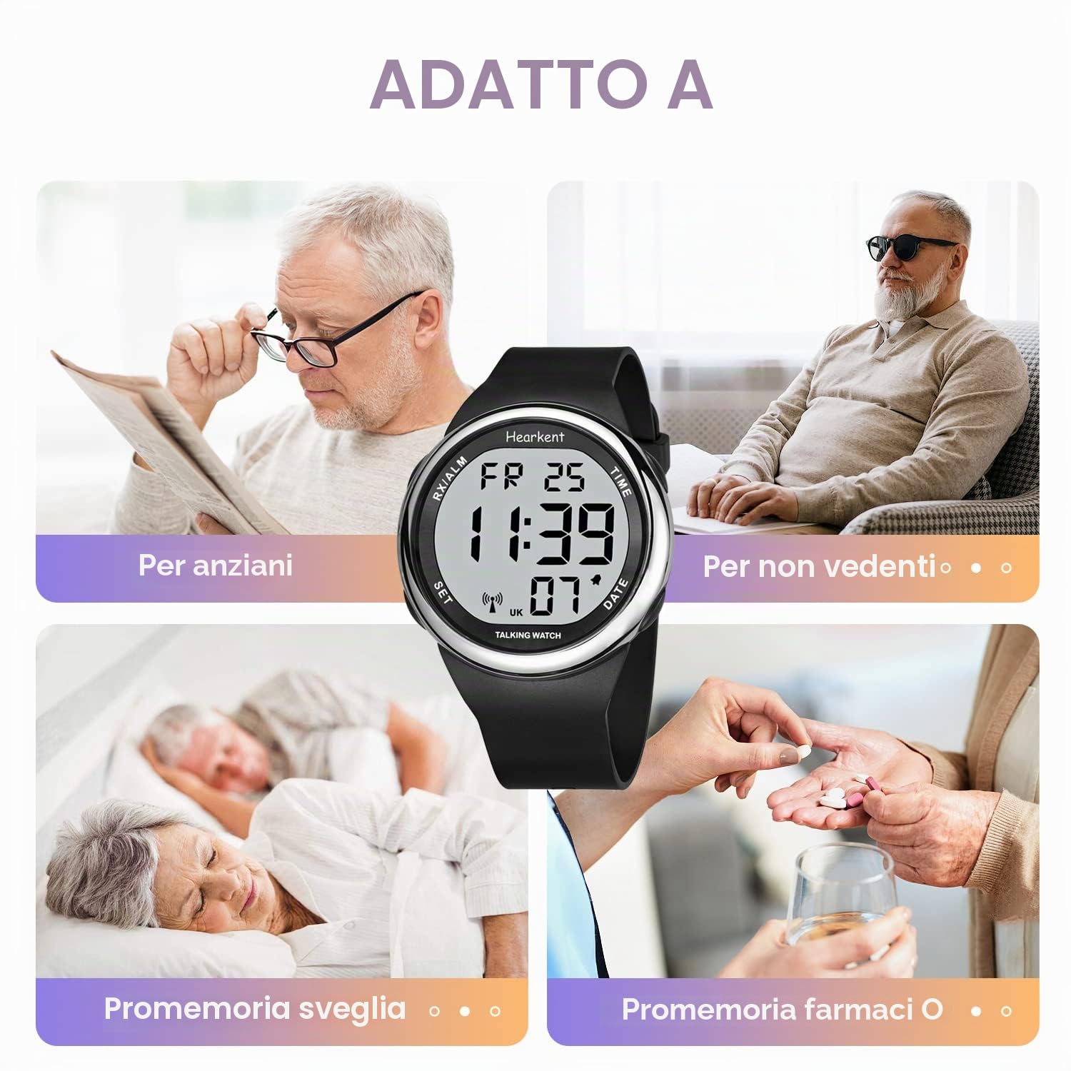 Hearkent Orologio parlante atomico Multi Band si adatta a non vedenti o anziani, facile da leggere per anziani, Siler, Cinturino