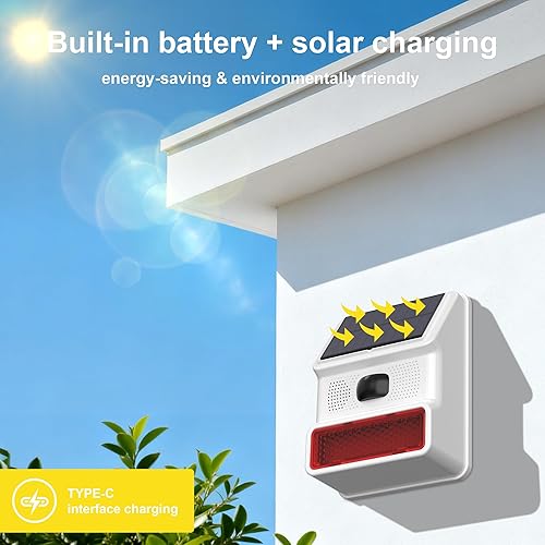 Miniatura 2 de Alarma solar inalámbrica con sensor de movimiento para exteriores, sirena de alto decibelio con sensor de movimiento de luz estroboscópica y sonido