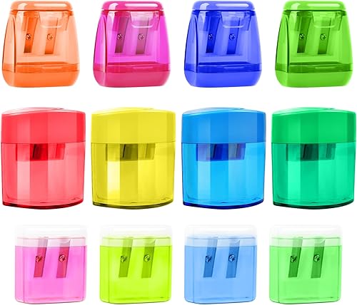 12 sacapuntas, 2 agujeros, sacapuntas manuales de colores con tapa para niños, escuela y oficina (3 estilos, 4 colores)