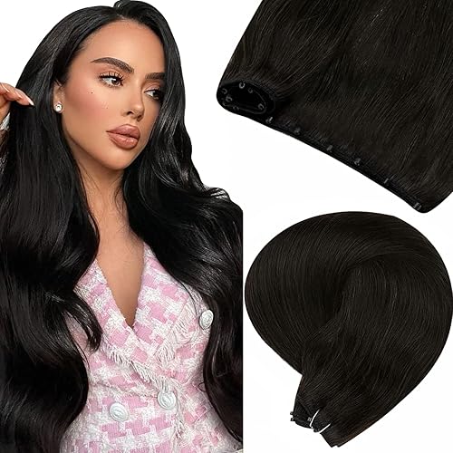 LAAVOO Micro in Weft Remy Human Hair Extensions Black Micro Beads Hair Weft Extensions Black Micro Beaded in Weft Extensions Hair Invisible Micro Ring Weft Black Extensions Thick End 12" Width 50g 20"
