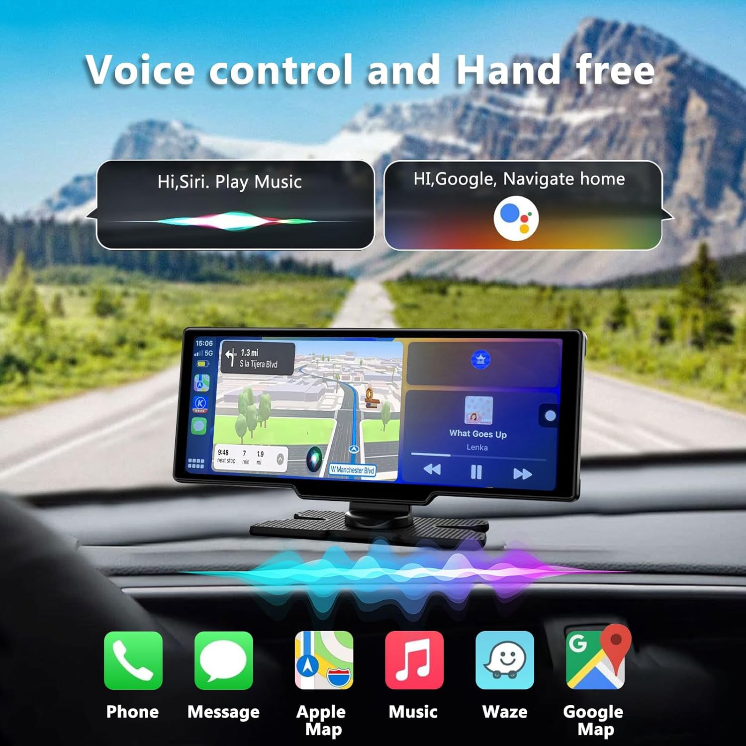 Portable Apple CarPlay & Android Auto Screen for Car | 2.5K Dash Cam | 10.26'' Touchscreen Car Stereo with Voice Control, Music Play, GPS Navigation, FM Transmitter & Mirror Link