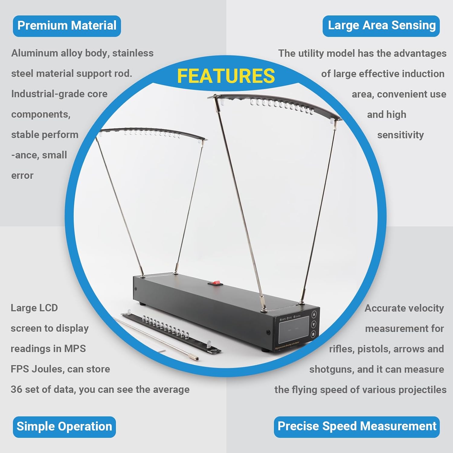 Ballistic Precision Chronograph, Slingshot Bullet Bow Arrow Velocity Meter, High-Precision Shooting Speed Meter with FPS/MPS Joules Reading