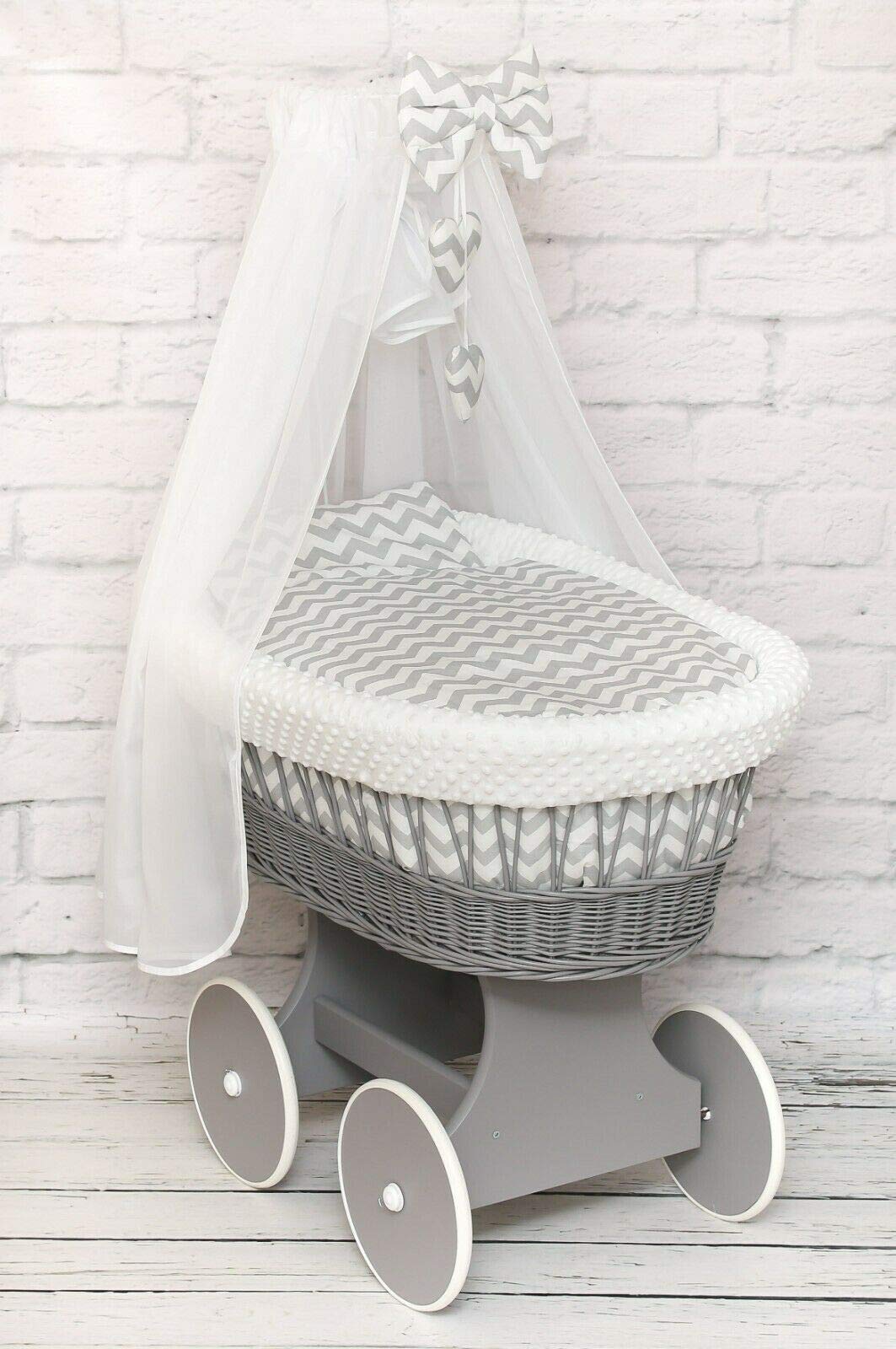 Wicker Wheel Stand Moses Basket Baby Bassinet Crib with Full Cotton Bedding  Sets Liner Cover Mattress Canopy Dimple Grey/Chevron White