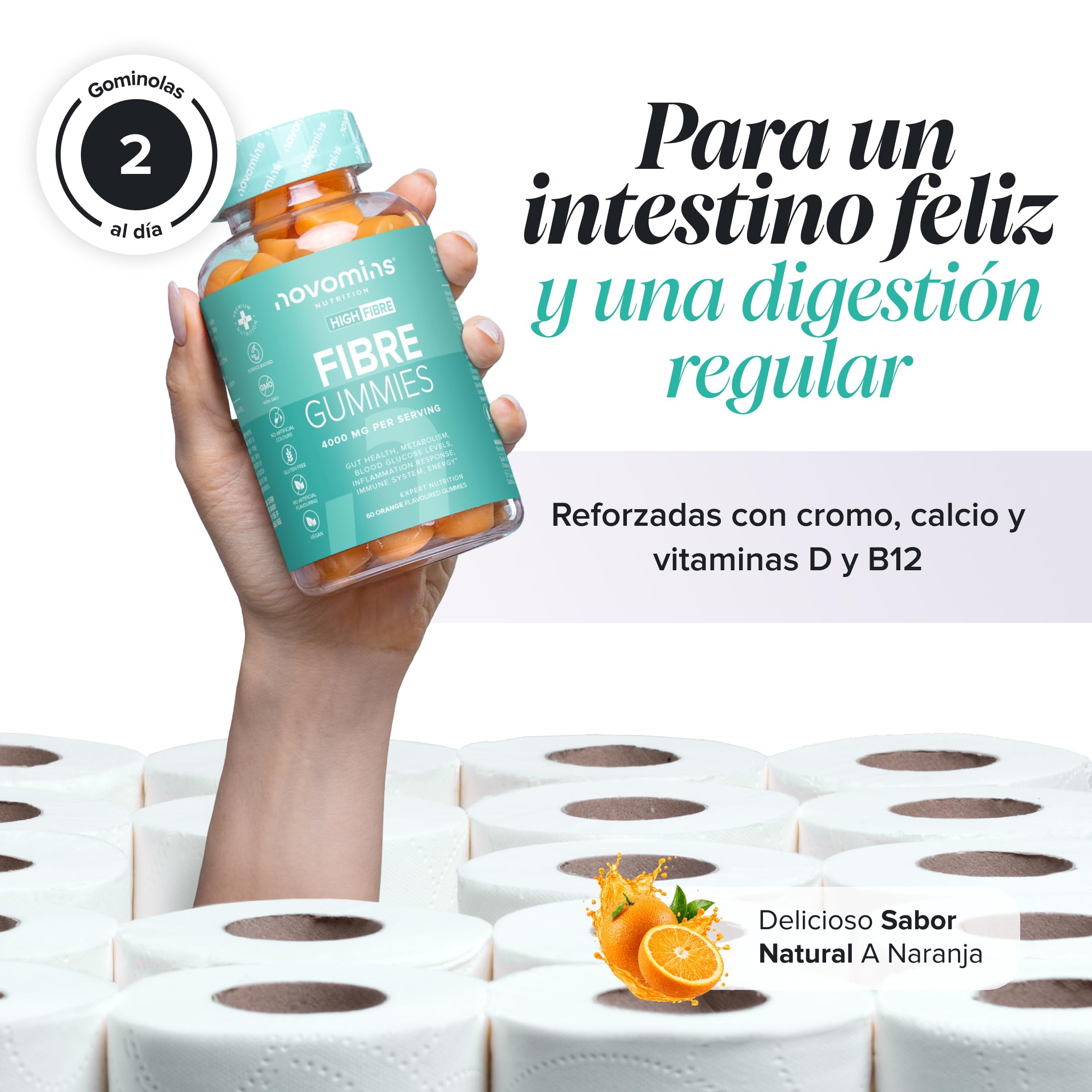 Fibra Gominolas 4000 mg | 60 Gominolas con Inulina | Sin Gluten | Novomins | con Vitamina D, B12, Cromo | Suplemento con Inulina para la Salud Intestinal y Sistema Digestivo | Sabor a Naranja