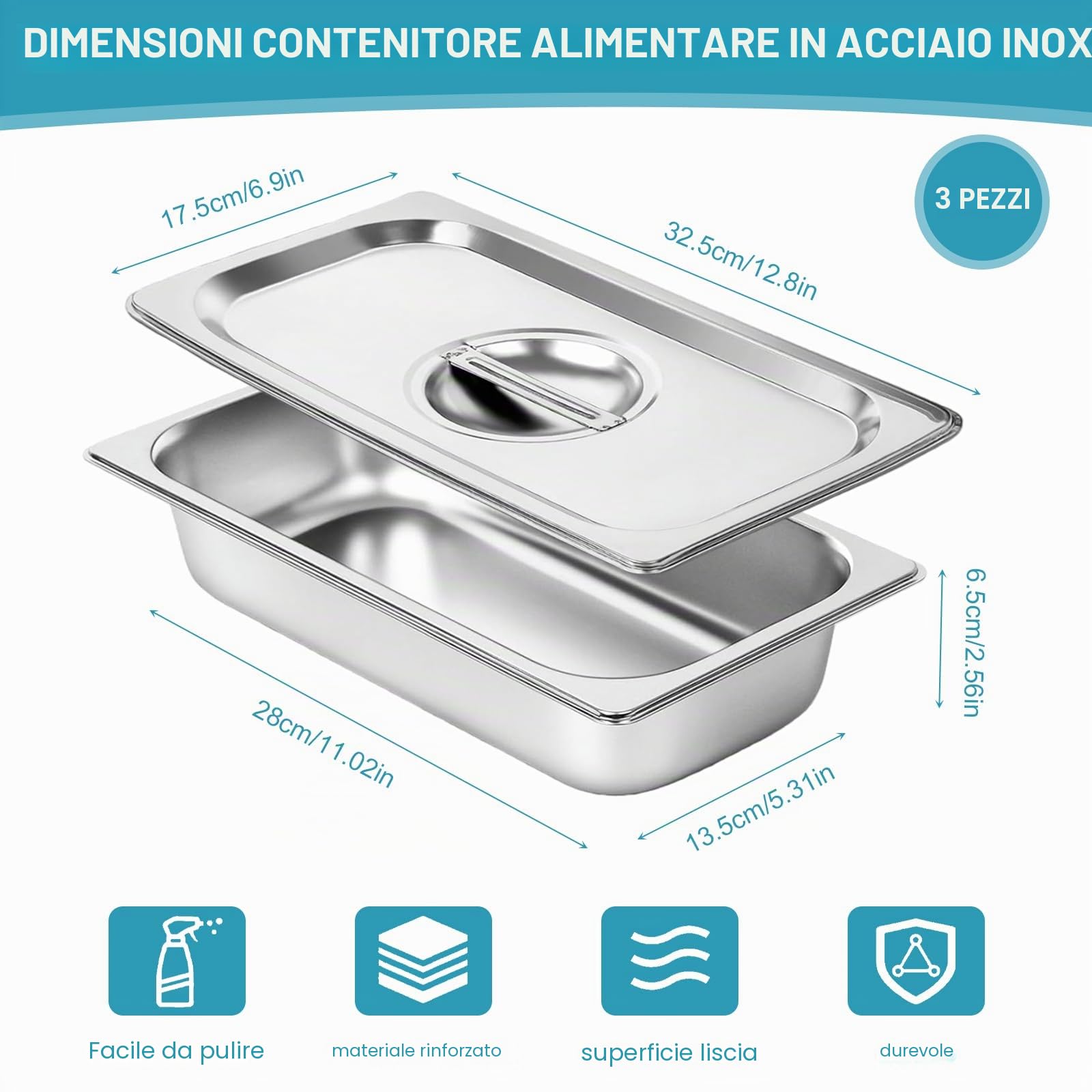 Set di 3 vaschette per impanare, set per impanare in acciaio inossidabile 32,5 x 17,5 x 6,5 cm facili da pulire, impilabili Vaschette per impanare carne, pesce e verdure