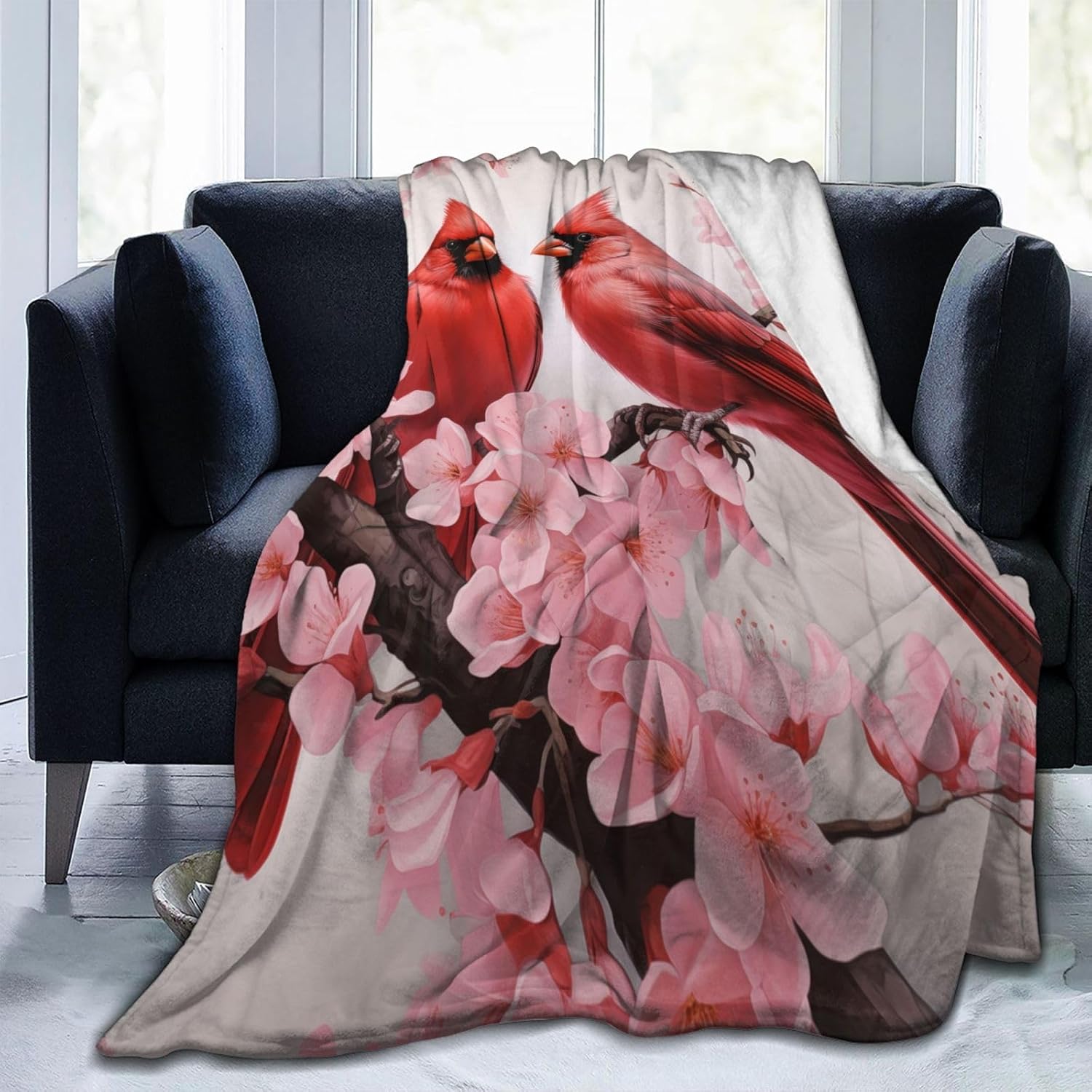 Red Cardinal Flower Branch Blanket Gifts for Women Pink Floral Birds Flannel Throw Blankets Soft Comfy Lightweight for Home Decor Couch Bed Sofa 60x50 Inches - Image 4