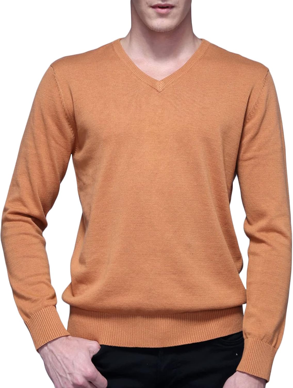 Pull Homme En Tricot Col V Automne Hiver Casual Pullover Chaud Manches Longues Couleur Unie Tissu Confortable - Noir Noir - Prêt-à-Porter