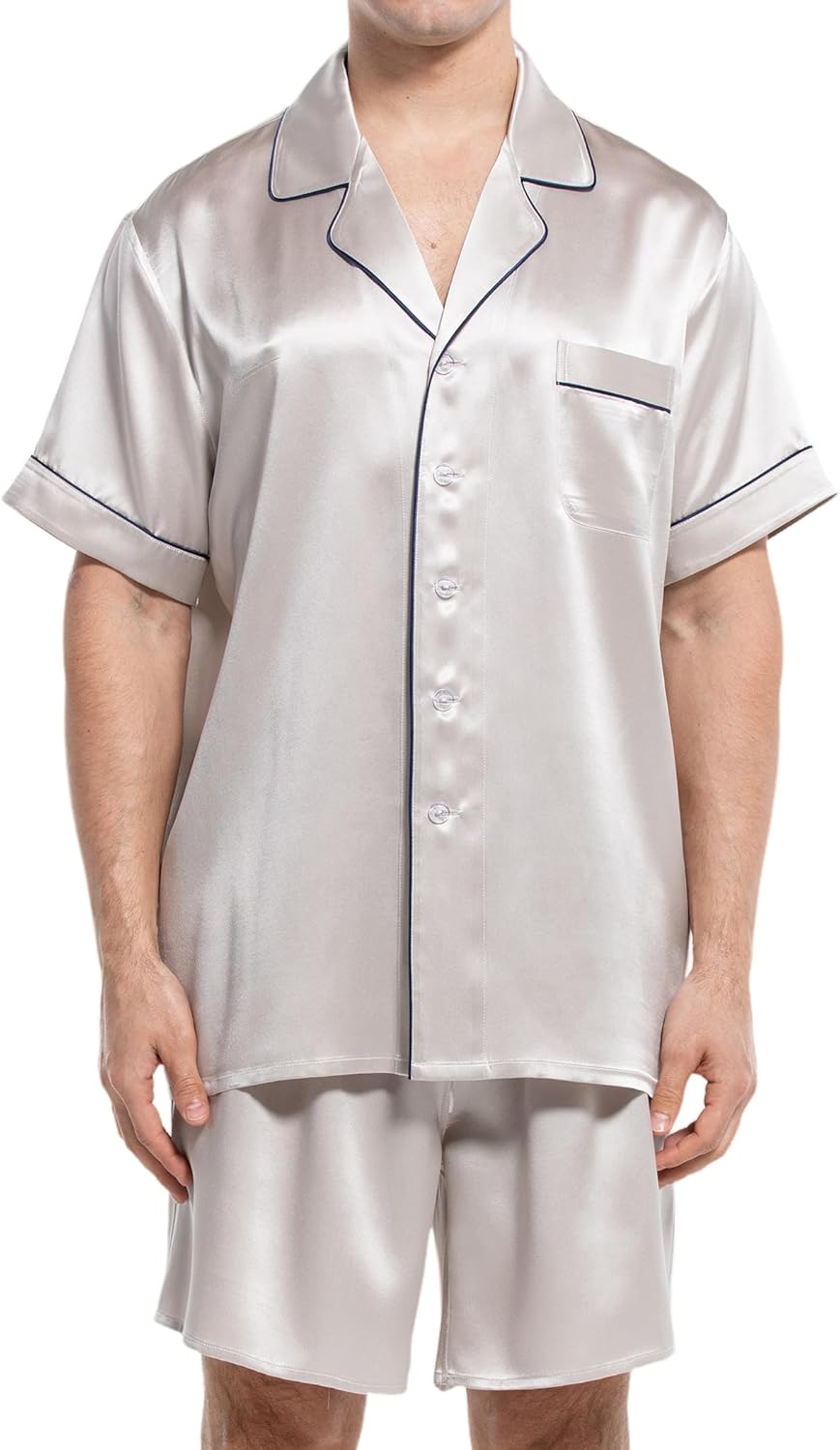 COLD POSH 100% 19MM Mulberry Silk Pajamas for Men Short Sleeve Button Up Mens Silk Pajama Set for Summer Pjs