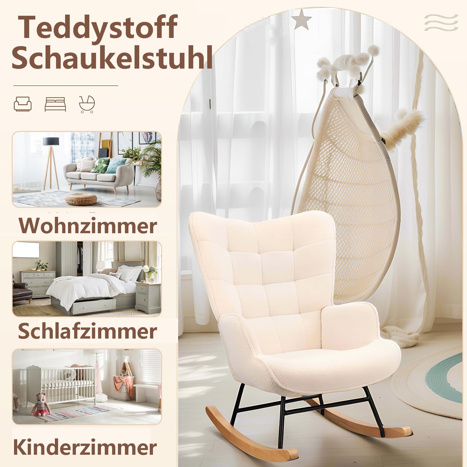 Fauteuil à bascule avec polaire Sherpa, bois massif et cadre en métal, fauteuil à bascule avec dossier haut, fauteuil de salon avec assise rembourrée, jusqu'à 130 kg, beige, DEZplsZM31924