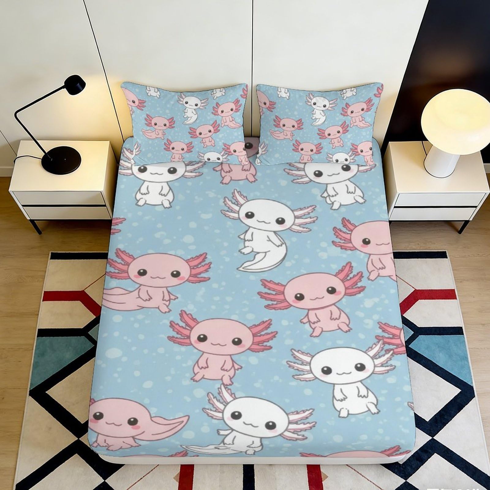Pnayamiorkfel Style-8 3D Printed Cute Axolotl Fitted Sheet Microfiber Blue Cartoon Animal Bed Cover For Bedroom Dorm Mattress Protection 90X200x25cm