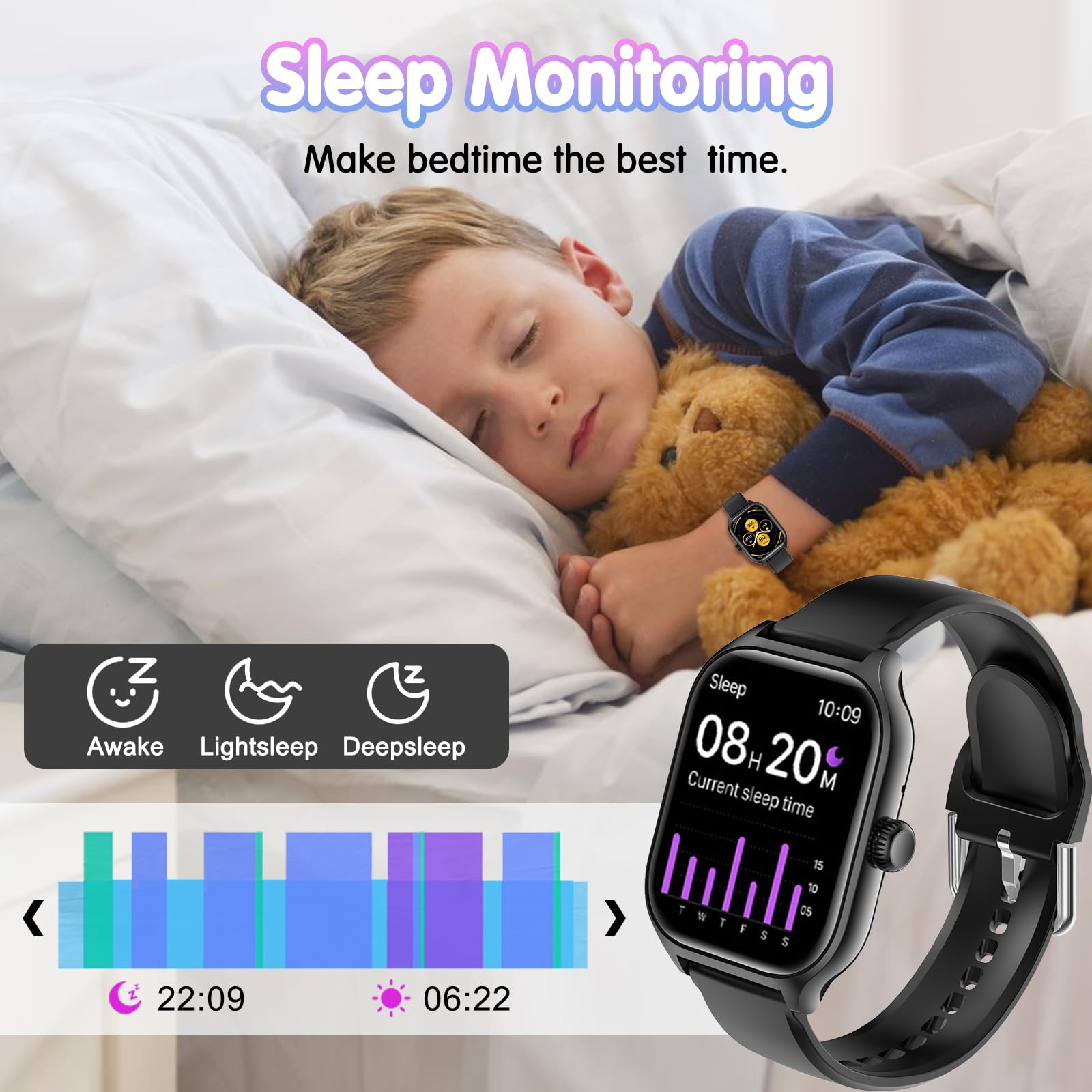 Fitness Tracker Montre Intelligente pour Enfants, Montre Connectée avec Assistant Vocal d'appels Bluetooth,Sport, Moniteur de Sommeil, Podomètre, Montre Sport pour iOS Android