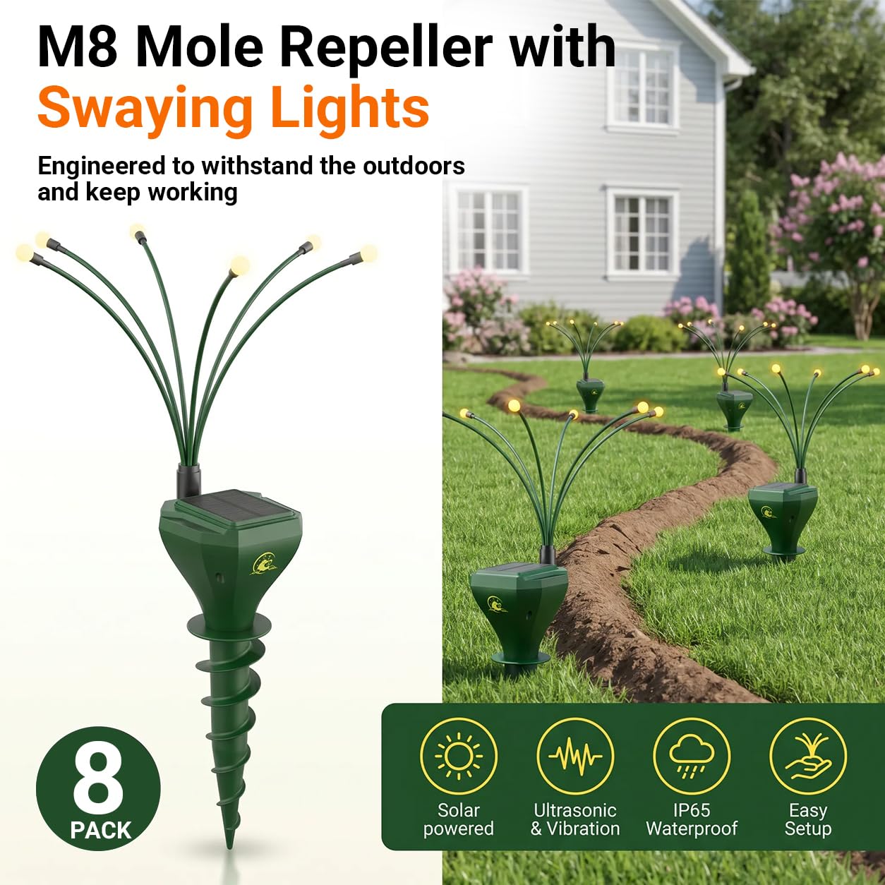 8 Packungen Solar Maulwurfschreck mit Gartenlichtern, Upgraded Gopher Abschreckung für Rasen mit USB-Aufladung