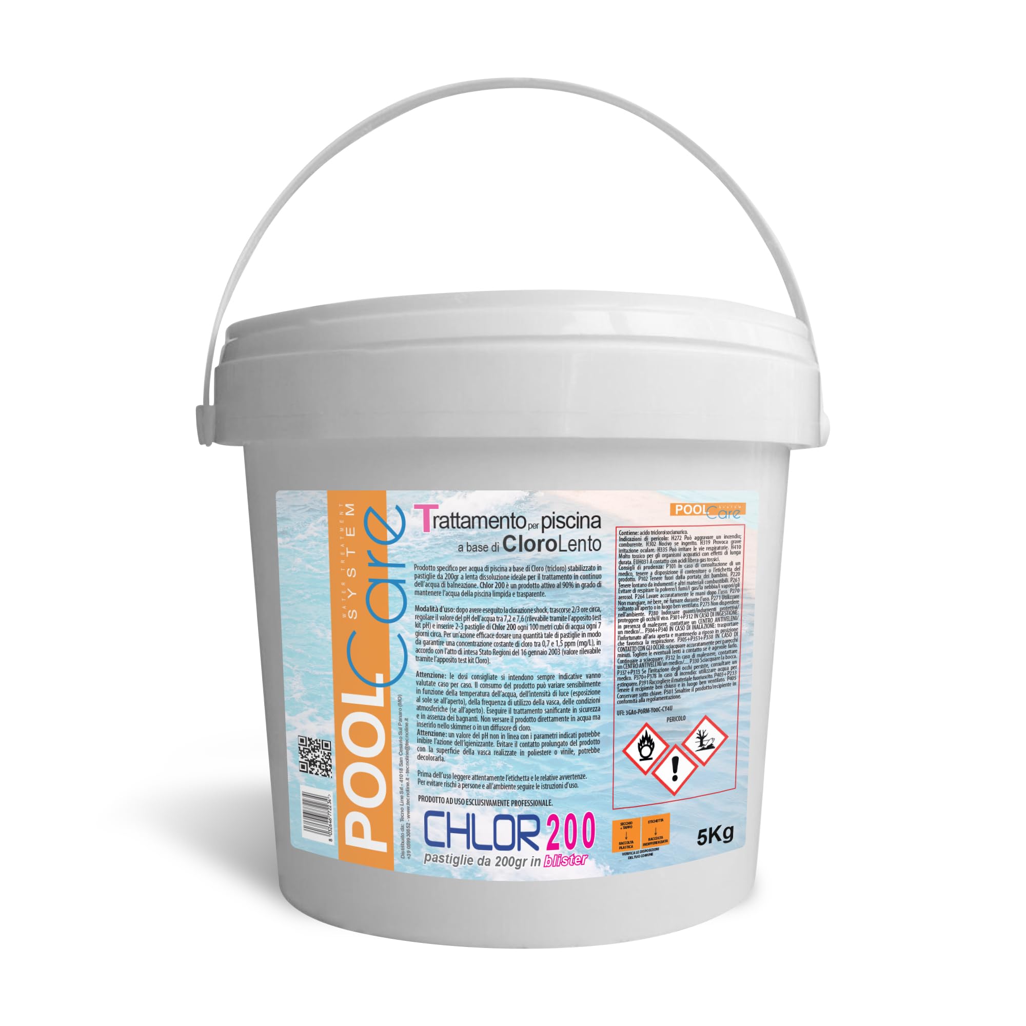 Pool Care CHLOR 200, Cloro in pastiglie da 200gr a Lenta Dissoluzione - 5KG | per la manutenzione dell'acqua di Piscina